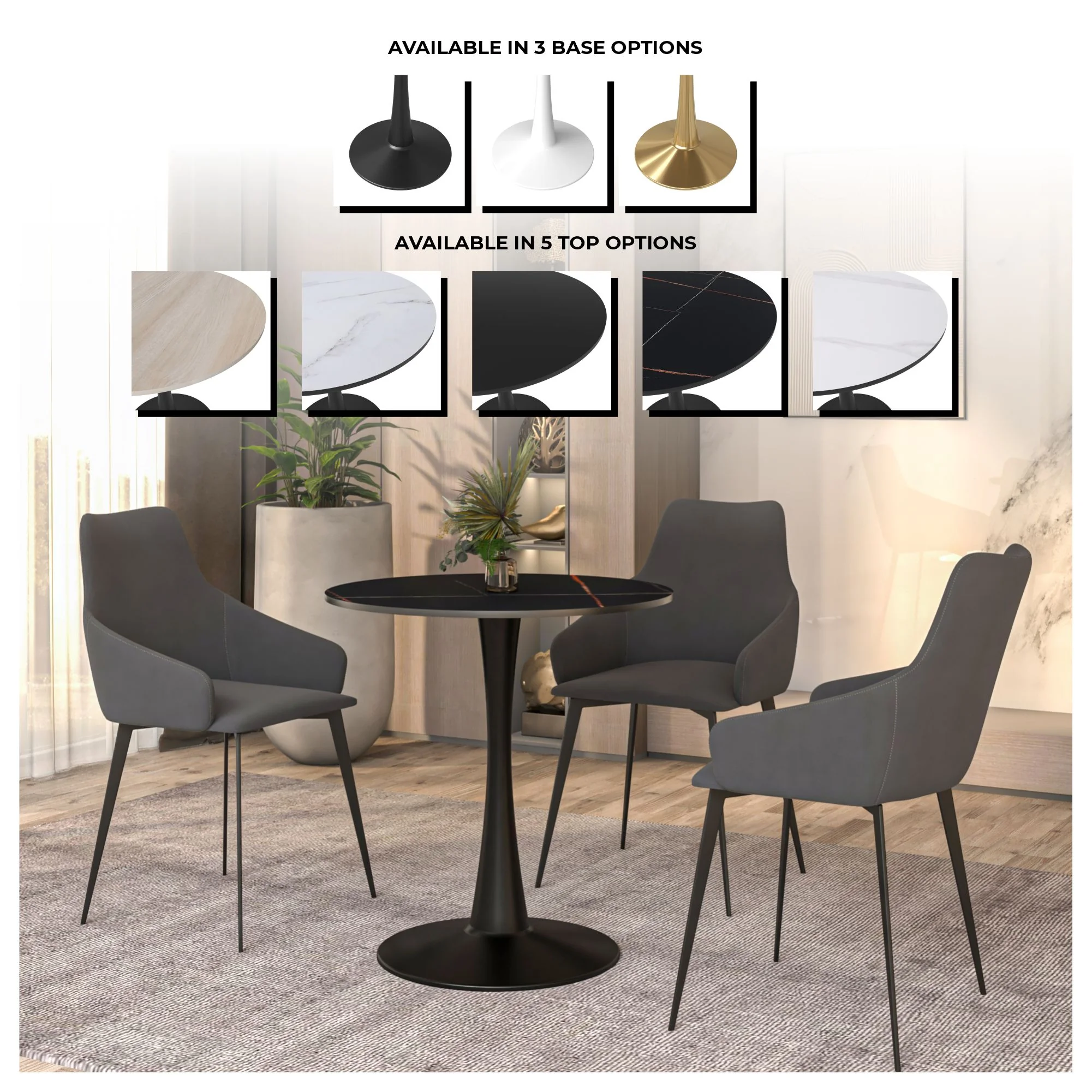 Bristol 27 round dining table Black base with Black Sintered stone Top