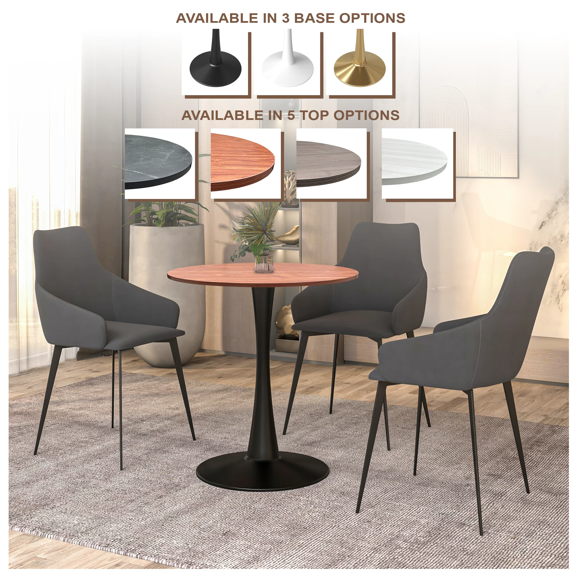 Bristol Dining table, Black Base with 27 Round Cognac Brown MDF top