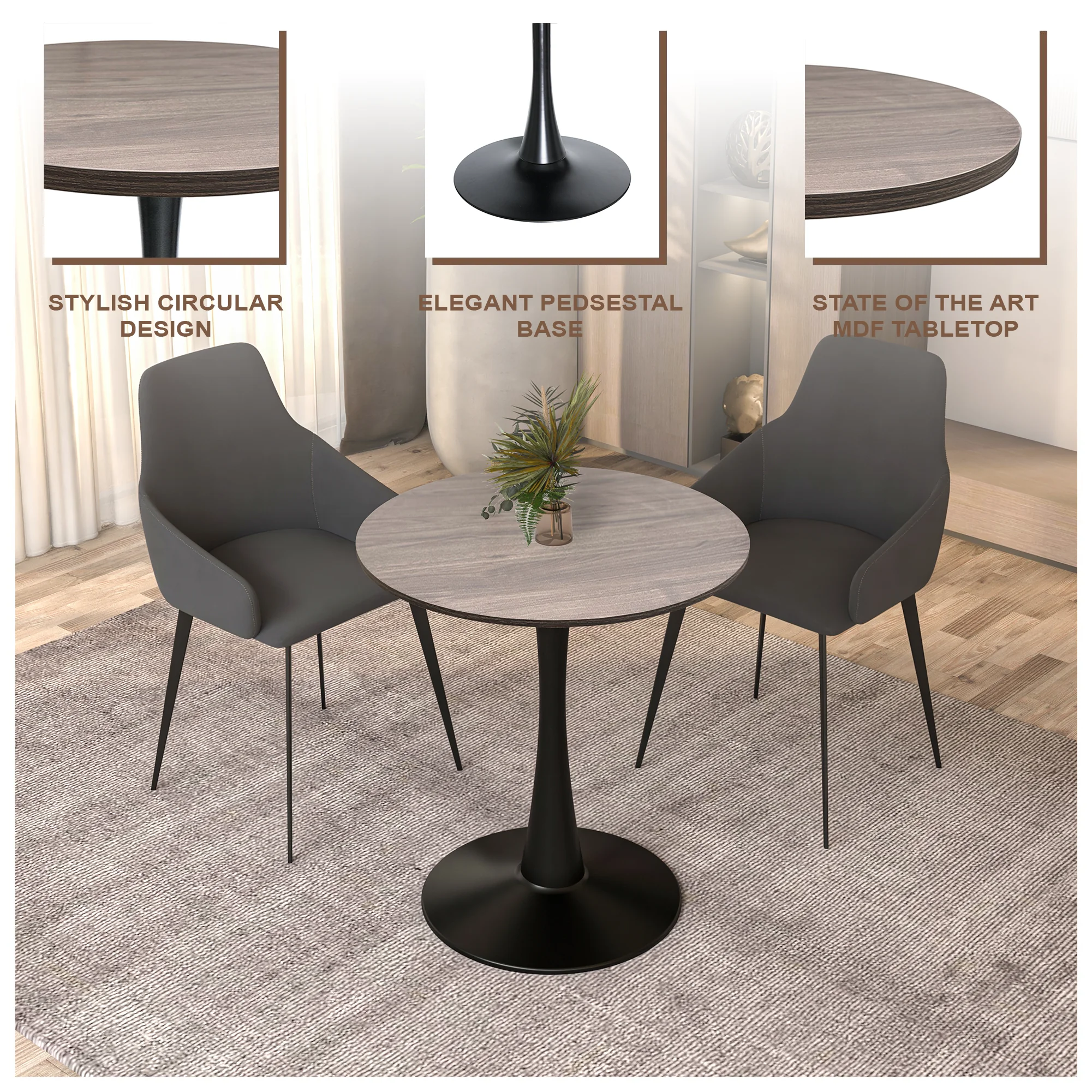Bristol Dining table, Black Base with 27 Round Dark Walnut MDF top