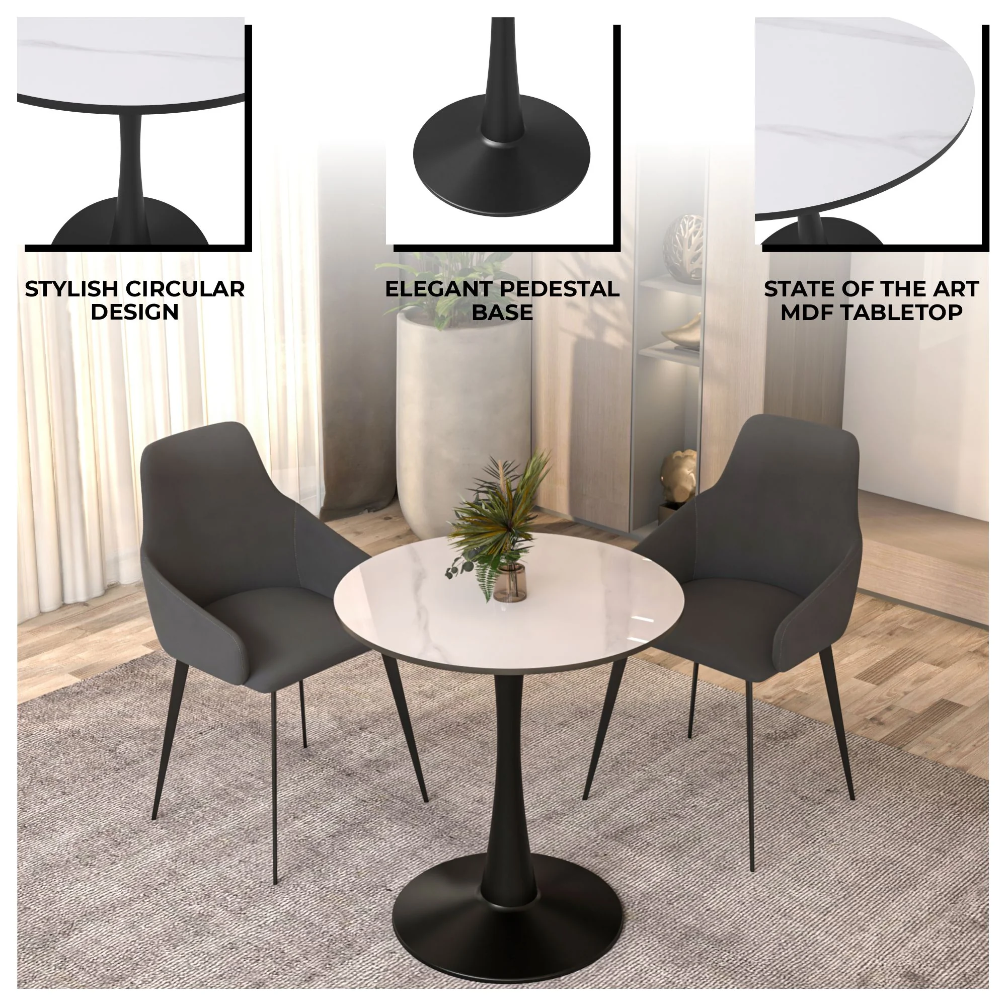 Bristol 27 round dining table Black base with White Sintered stone Top