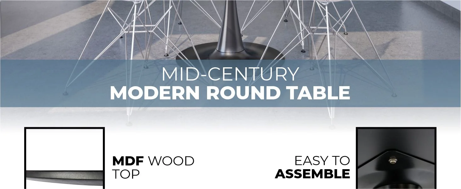 Bristol Mid-Century Modern Round Dining Table with a 31" Wood Top and Iron Pedestal Base with Gloss Finish for Kitchen and Dining Room