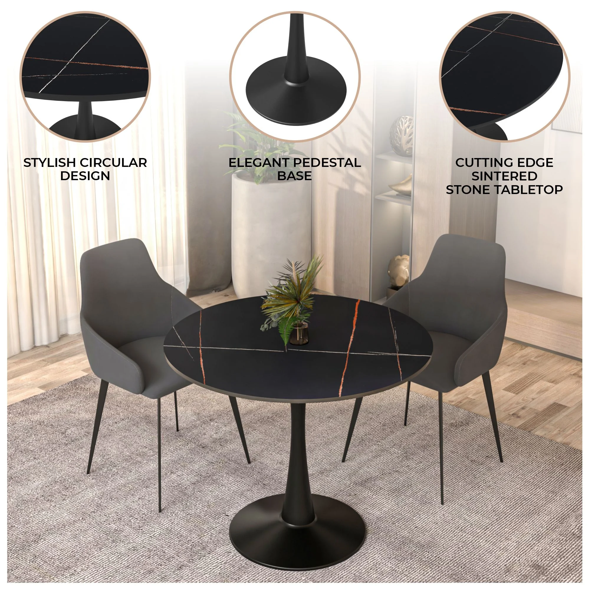 Bristol 31" round dining table Black base with Black Sintered stone Top