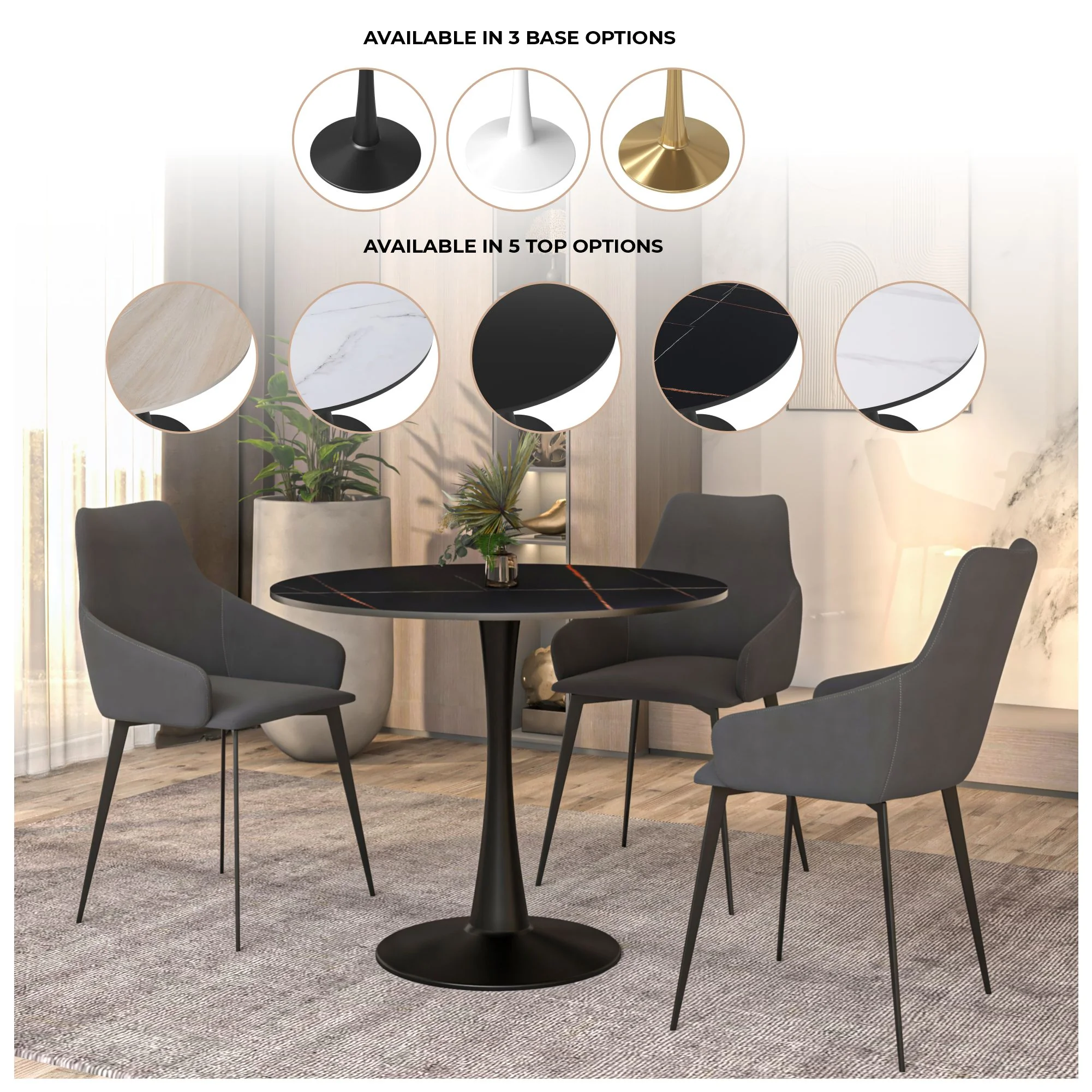 Bristol 31" round dining table Black base with Black Sintered stone Top