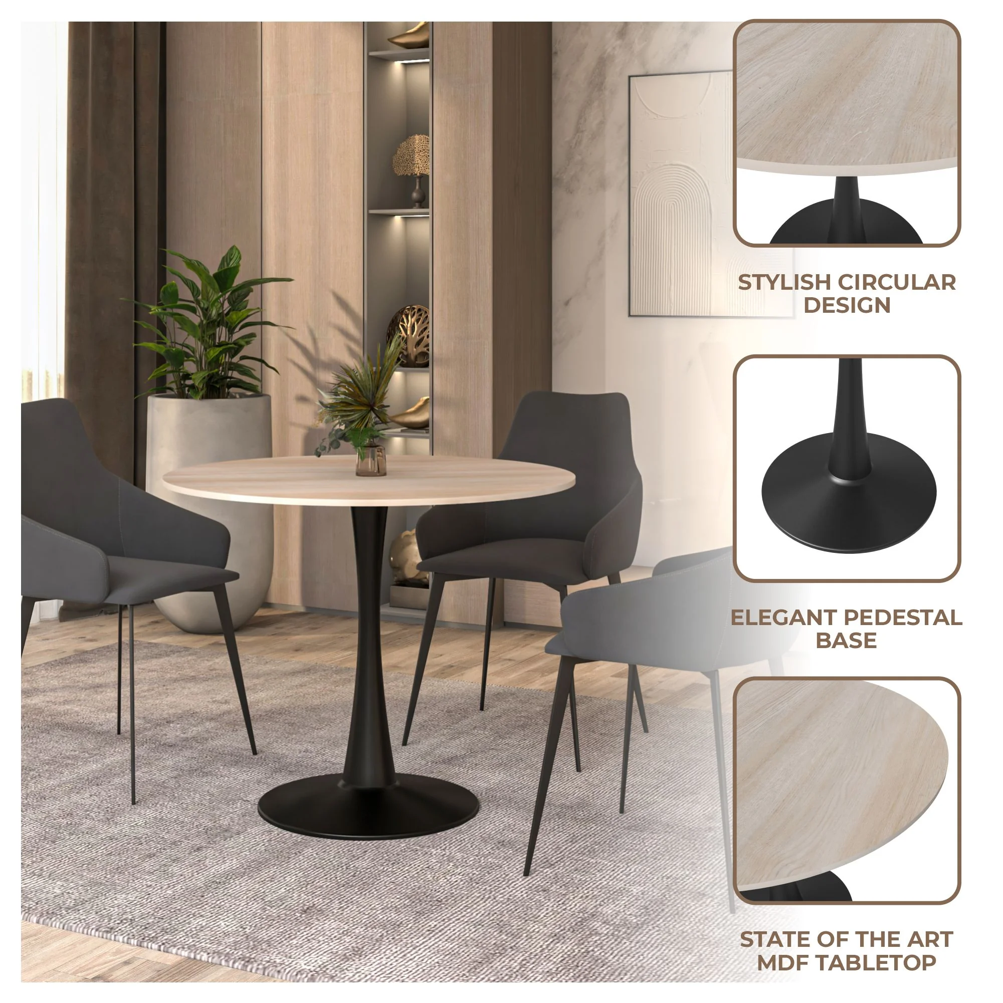 Bristol 31" round dining table Black base with marbled MDF top