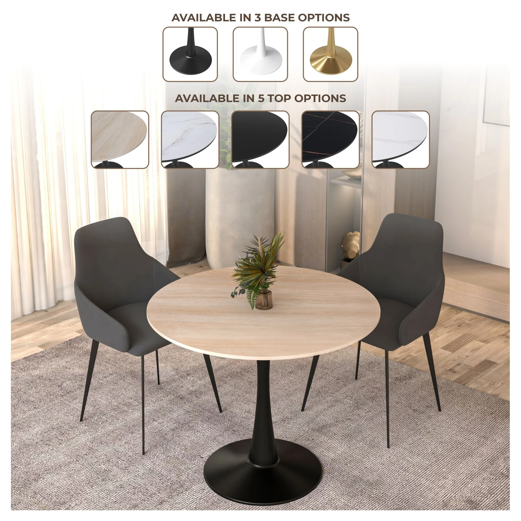 Bristol 31" Round Dining Table Black Base with Sintered Stone Natural Wood Top