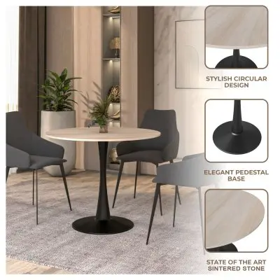 Bristol 31" Round Dining Table Black Base with Sintered Stone Natural Wood Top