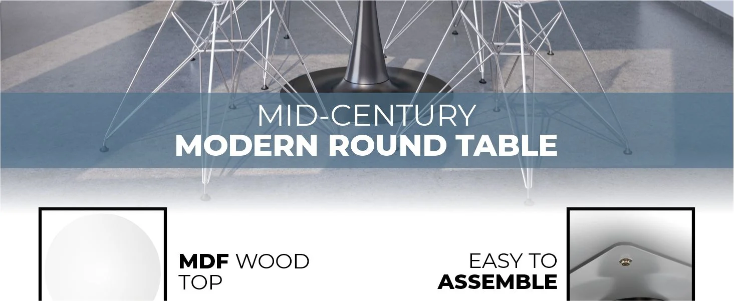 Bristol Mid-Century Modern Round Dining Table with a 31" Wood Top and Iron Pedestal Base with Gloss Finish for Kitchen and Dining Room