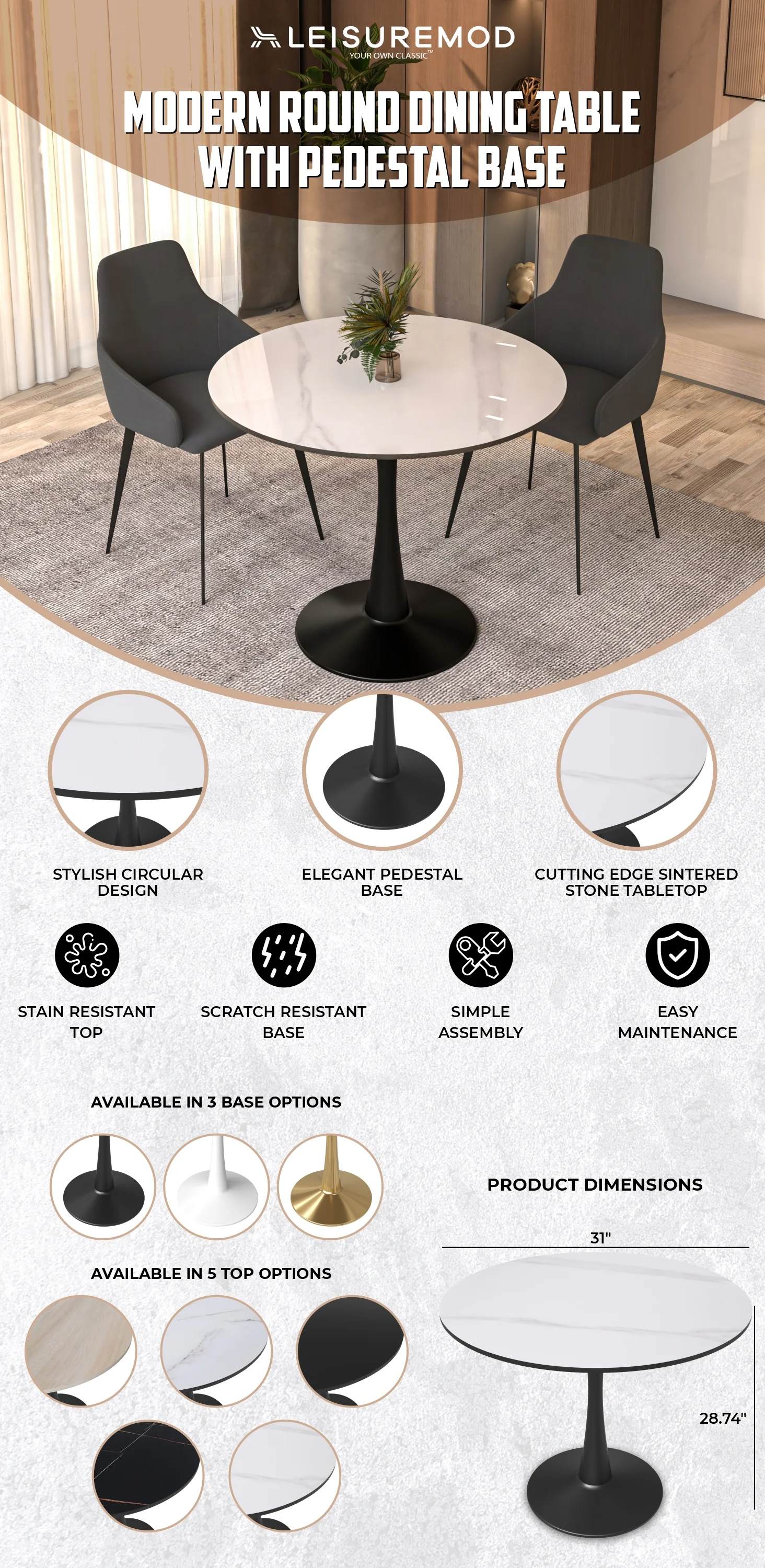 Bristol 31" round dining table Black base with White Sintered stone Top