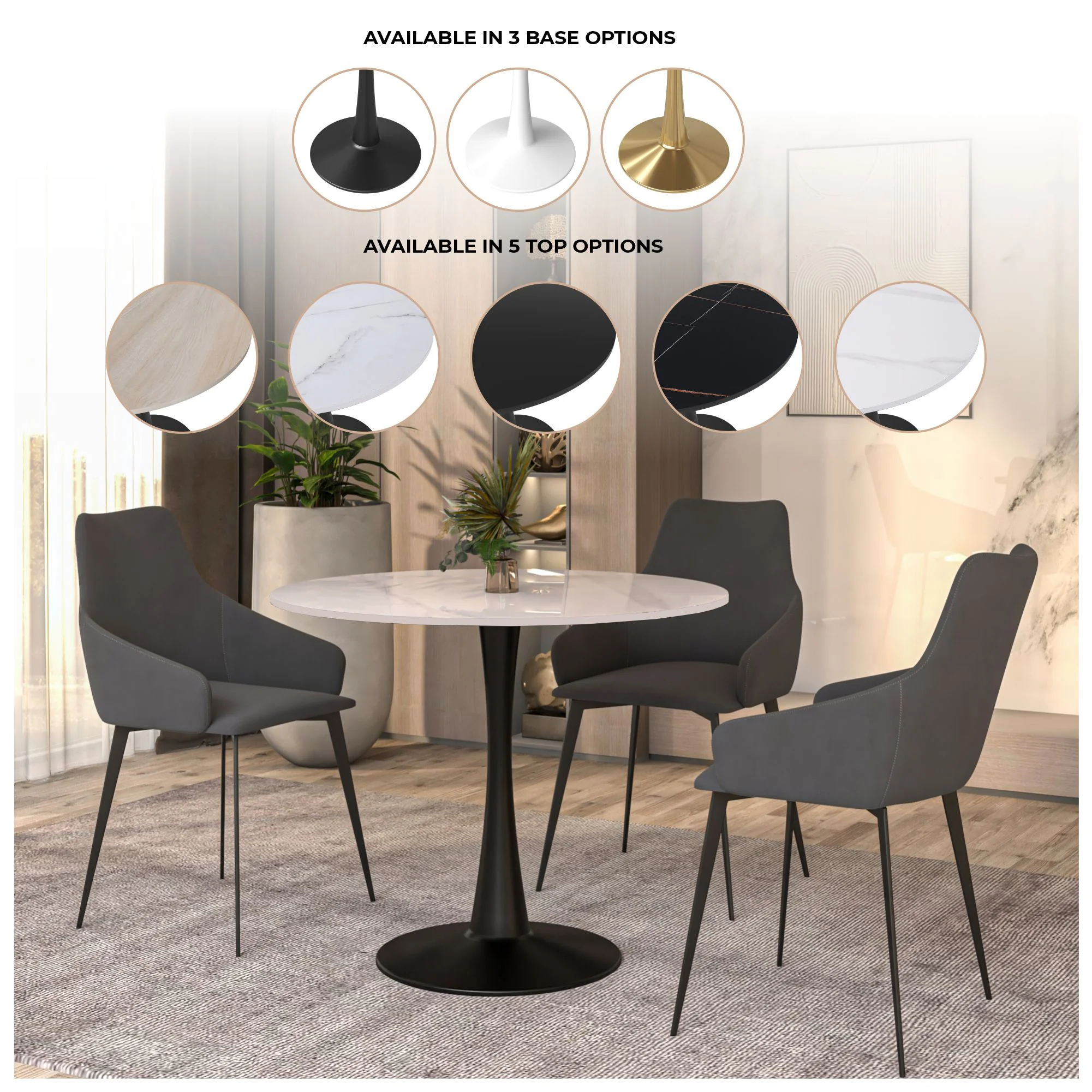 Bristol 31" round dining table Black base with White Sintered stone Top