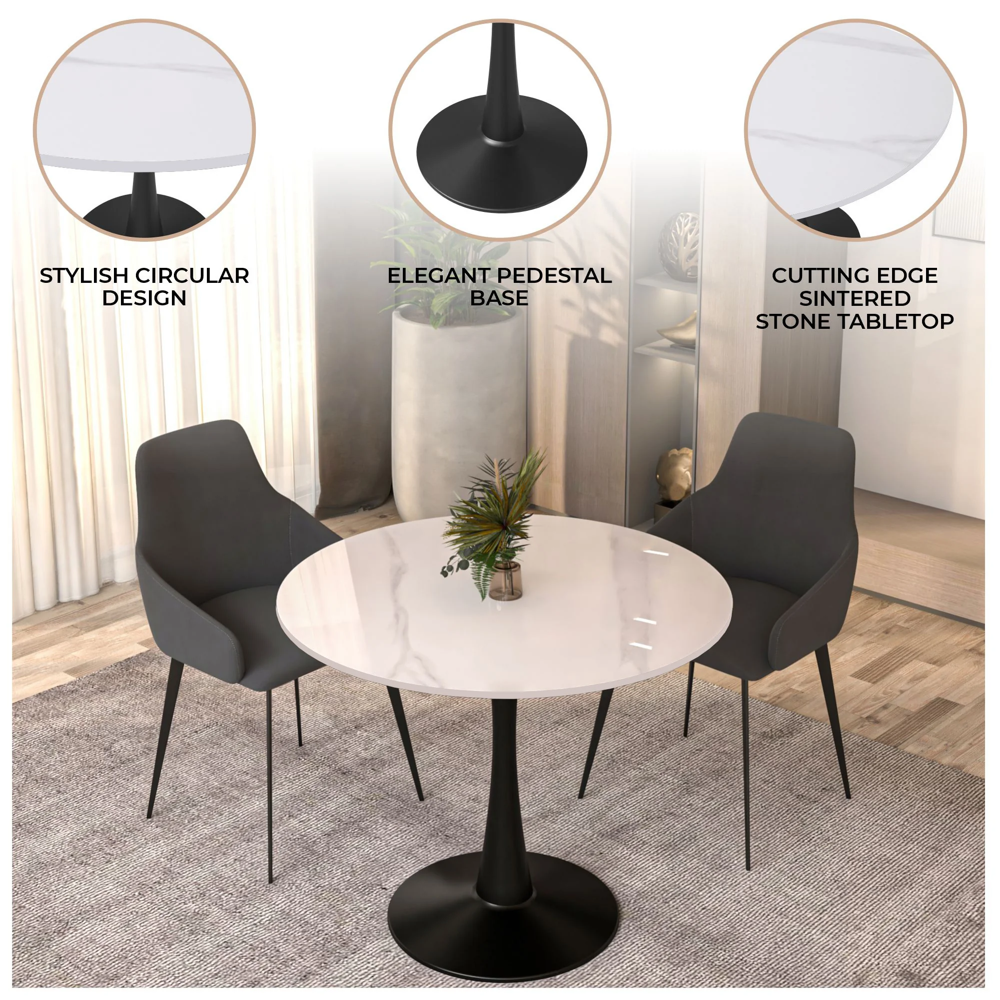 Bristol 31" round dining table Black base with White Sintered stone Top