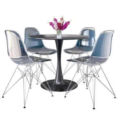 5-Piece Dining Set 35" Round Dining Table in Black Iron - 4 ABS Plastic Side Chair in Chrome - Clear