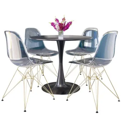 5-Piece Dining Set 35" Round Dining Table in Black Iron - 4 ABS Plastic Side Chair in Chrome - Clear