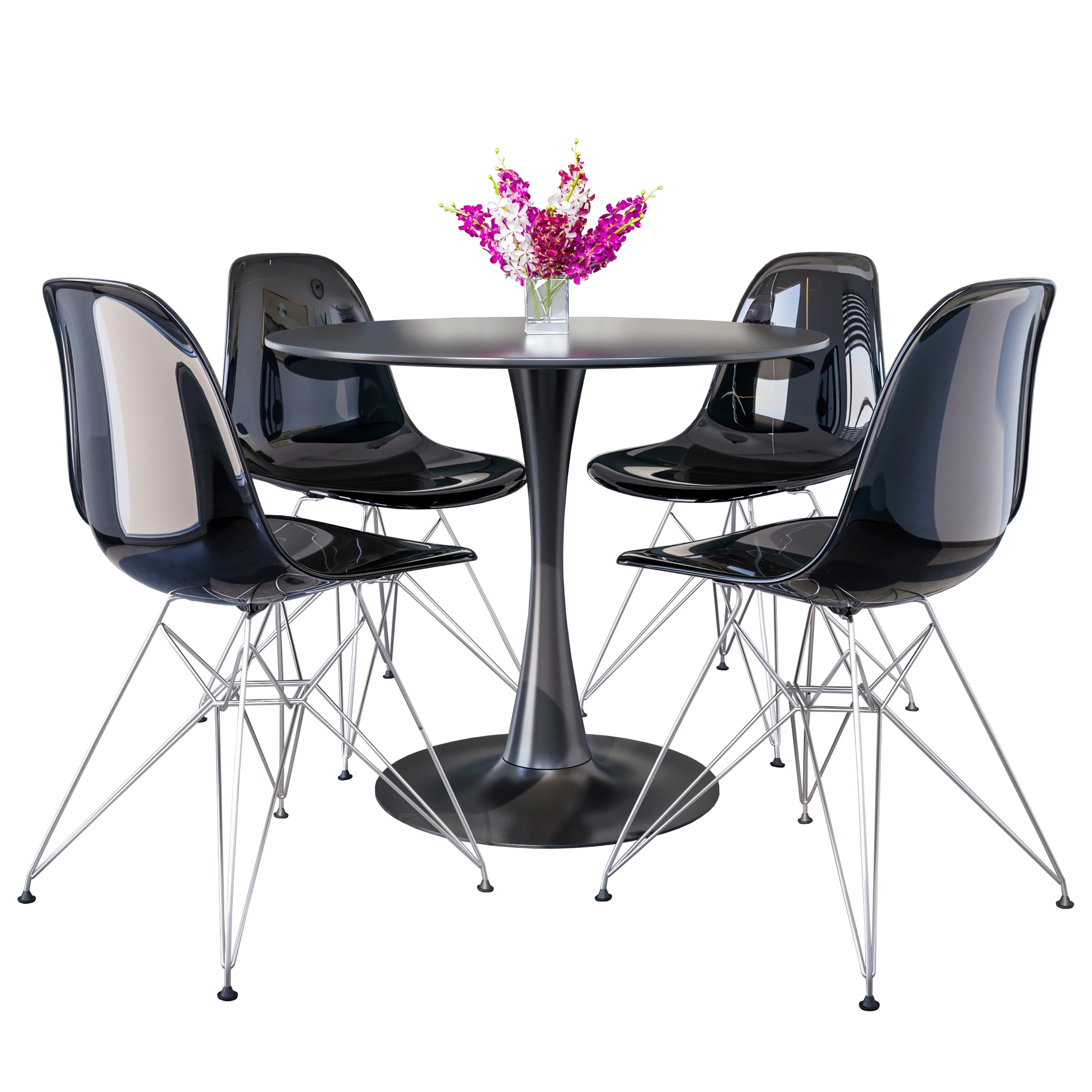 5-Piece Dining Set 35" Round Dining Table in Black Iron - 4 ABS Plastic Side Chair in Chrome - Transparent Black
