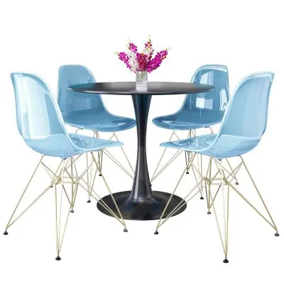 5-Piece Dining Set 35" Round Dining Table in Black Iron - 4 ABS Plastic Side Chair in Chrome - Transparent Blue