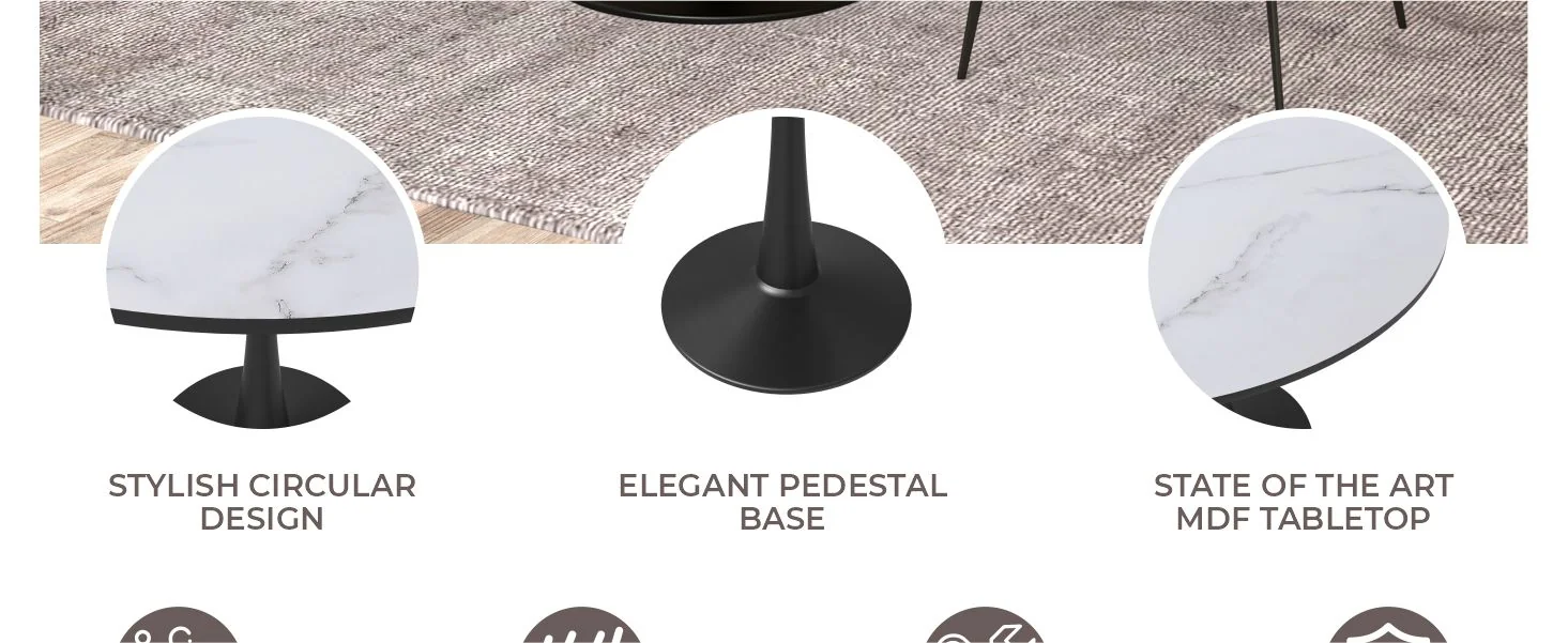 Bristol Mid-Century Modern Round Dining Table with Wood Top and Iron Pedestal Base with Gloss Finish for Kitchen and Dining Room