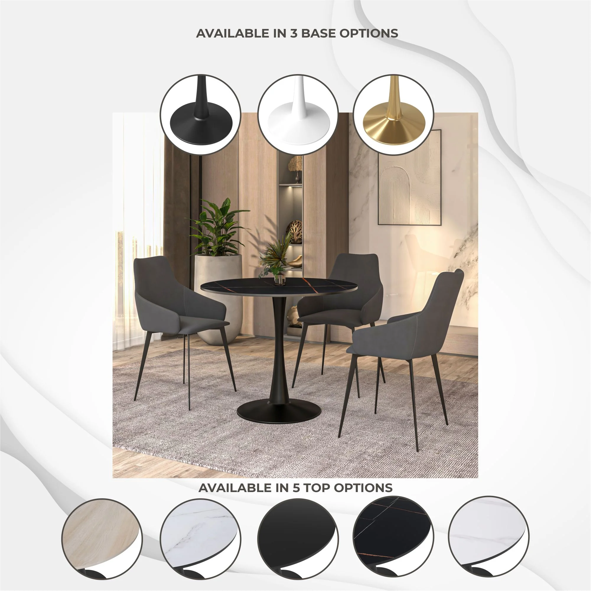 Bristol 35" round dining table Black base with Black Sintered stone Top