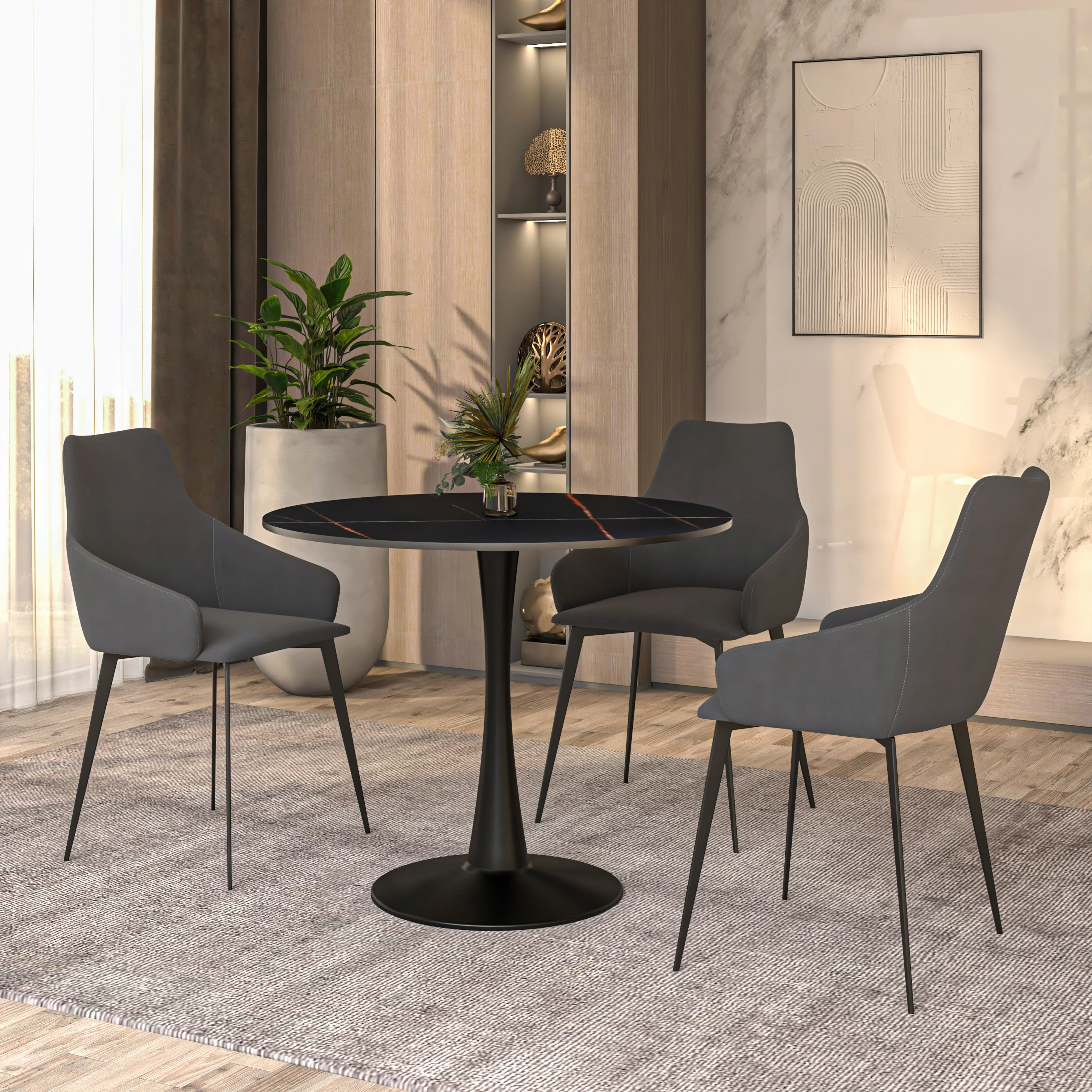 Bristol 35" round dining table Black base with Black Sintered stone Top