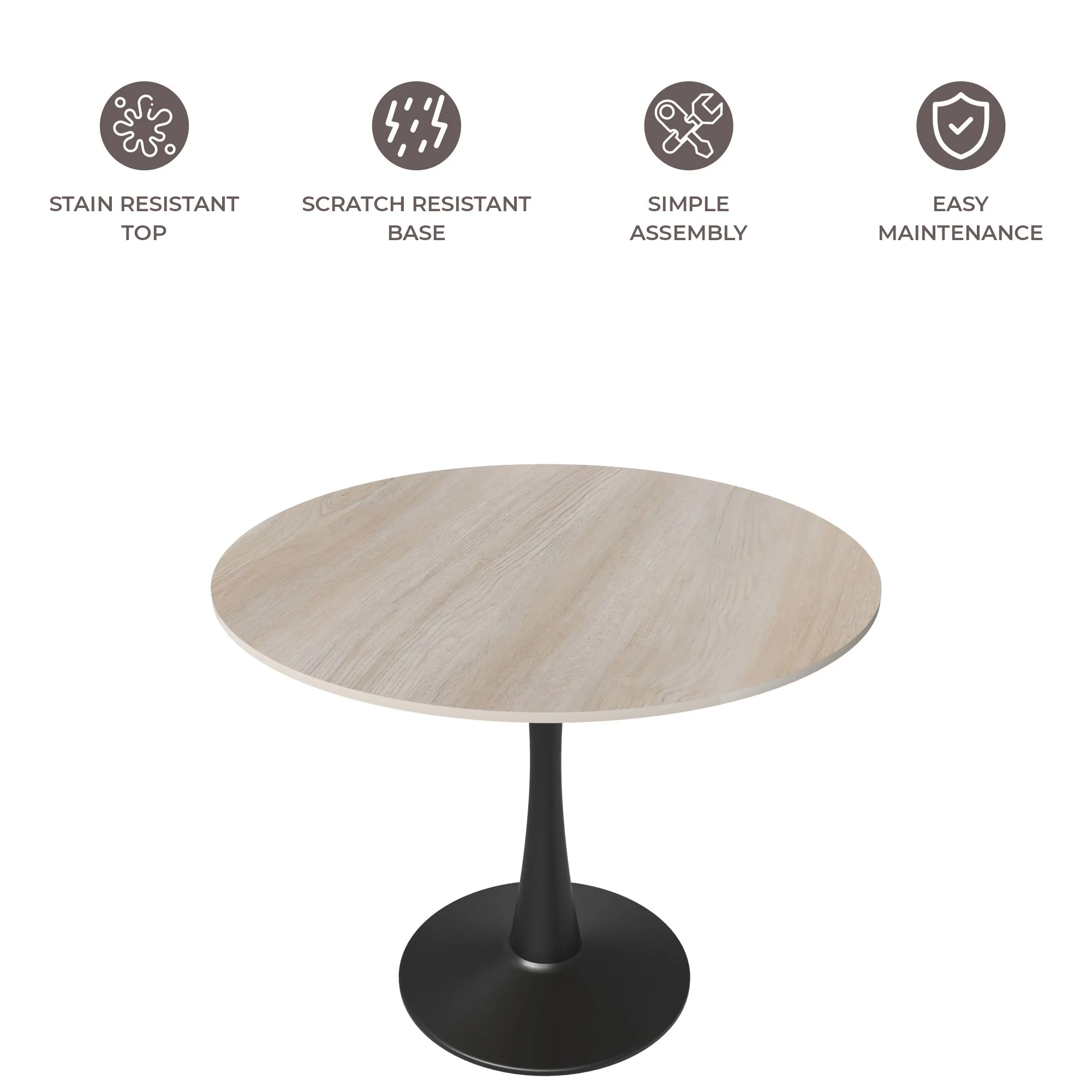 Bristol 35" Round Dining Table Black Base with Sintered Stone Natural Wood Top