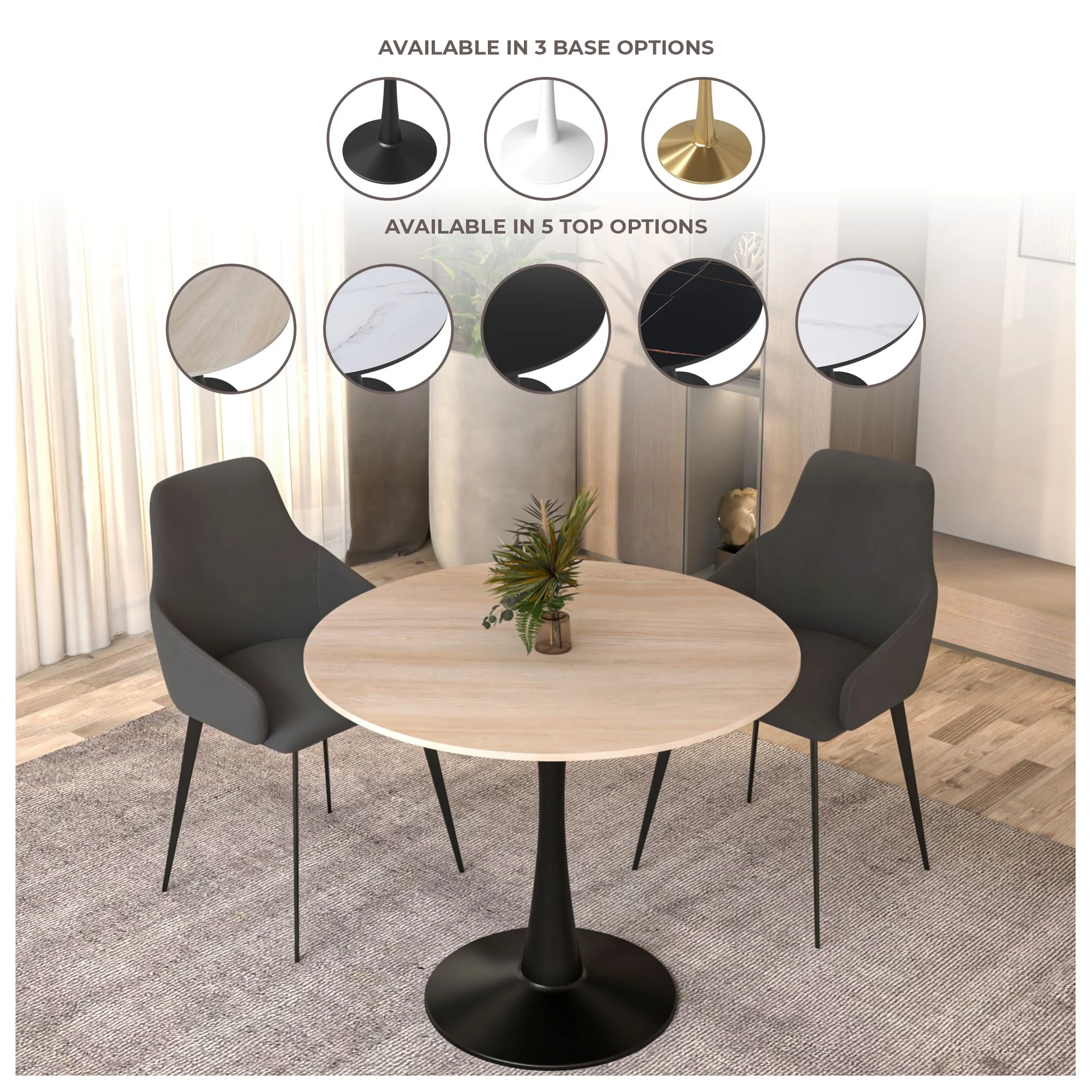 Bristol 35" Round Dining Table Black Base with Sintered Stone Natural Wood Top