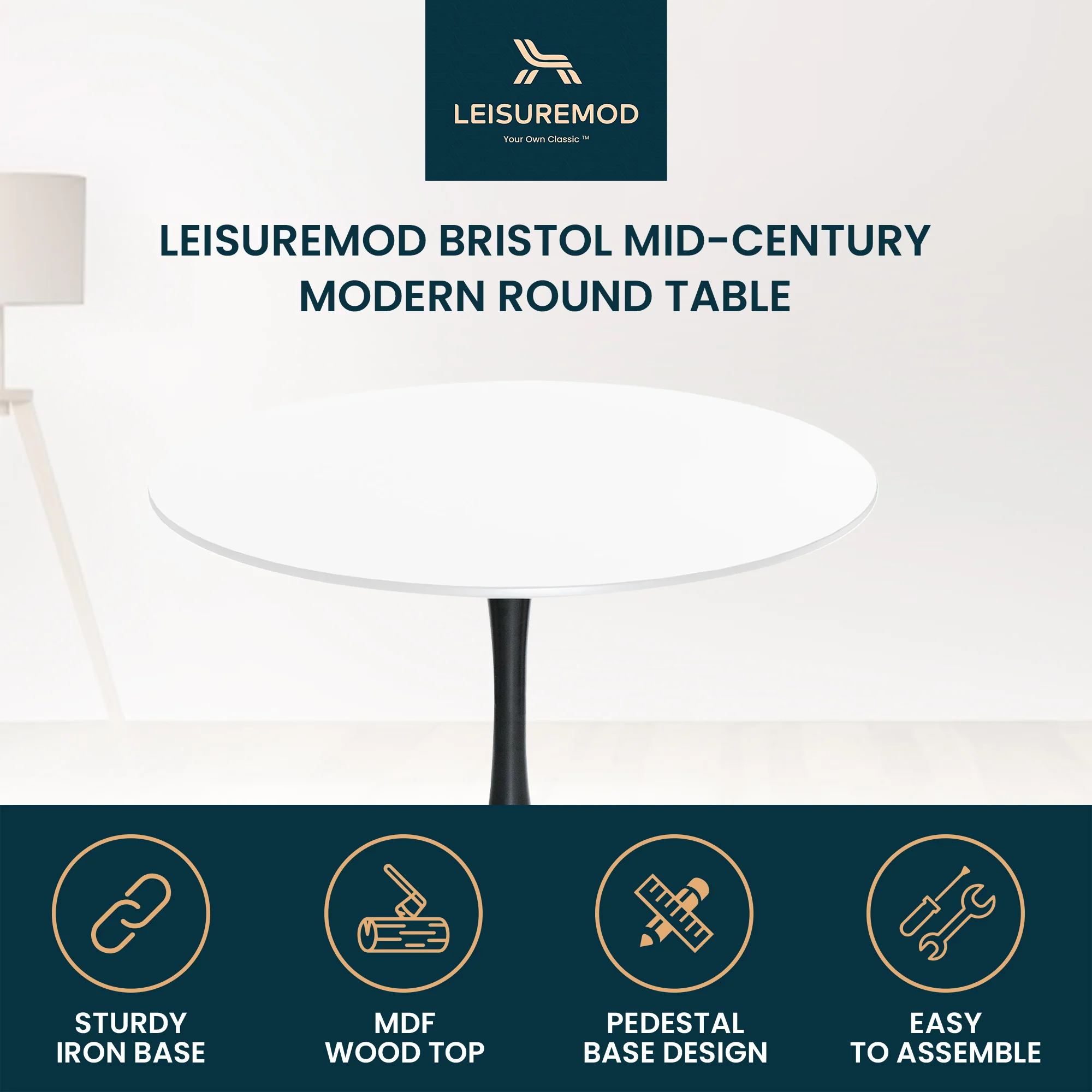 Bristol Mid-Century Modern Round Dining Table with Wood Top and Iron Pedestal Base with Gloss Finish for Kitchen and Dining Room