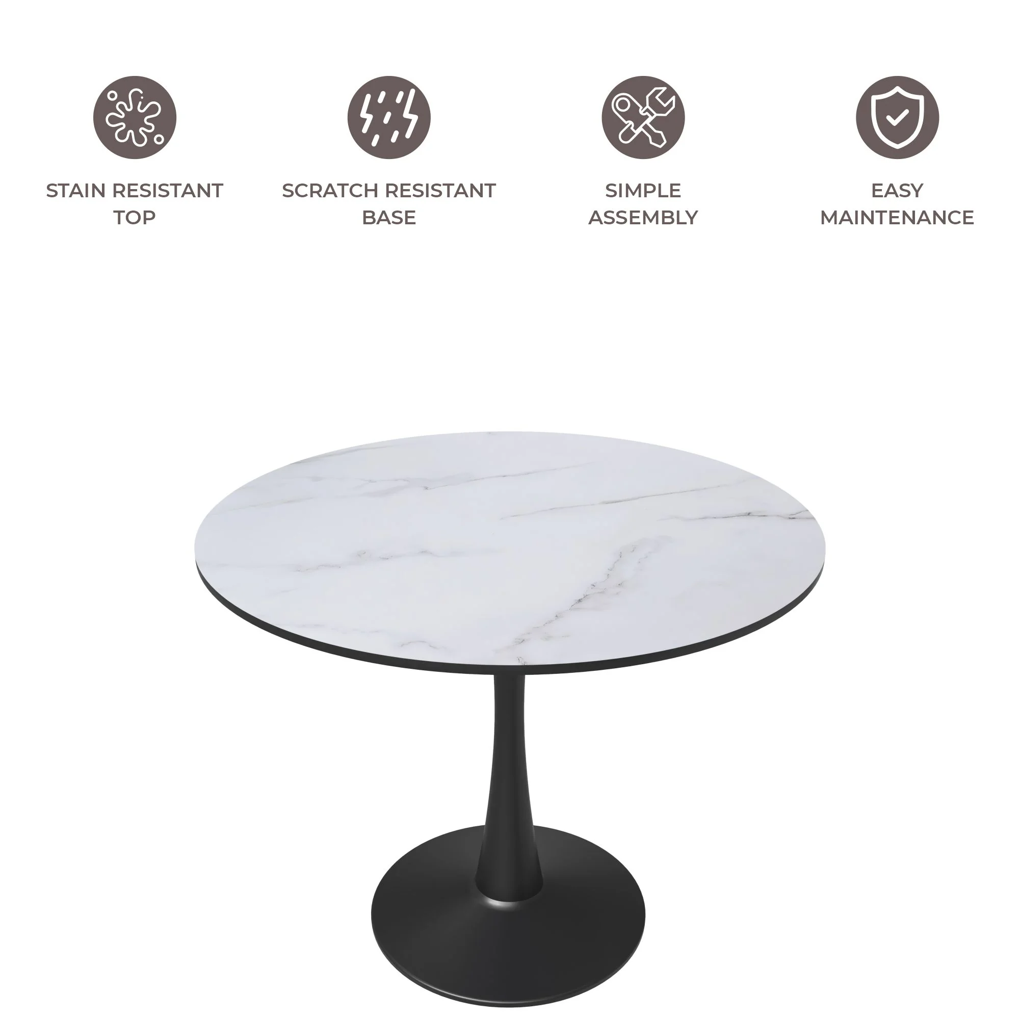 Bristol Mid-Century Modern Round Dining Table with Wood Top and Iron Pedestal Base with Gloss Finish for Kitchen and Dining Room