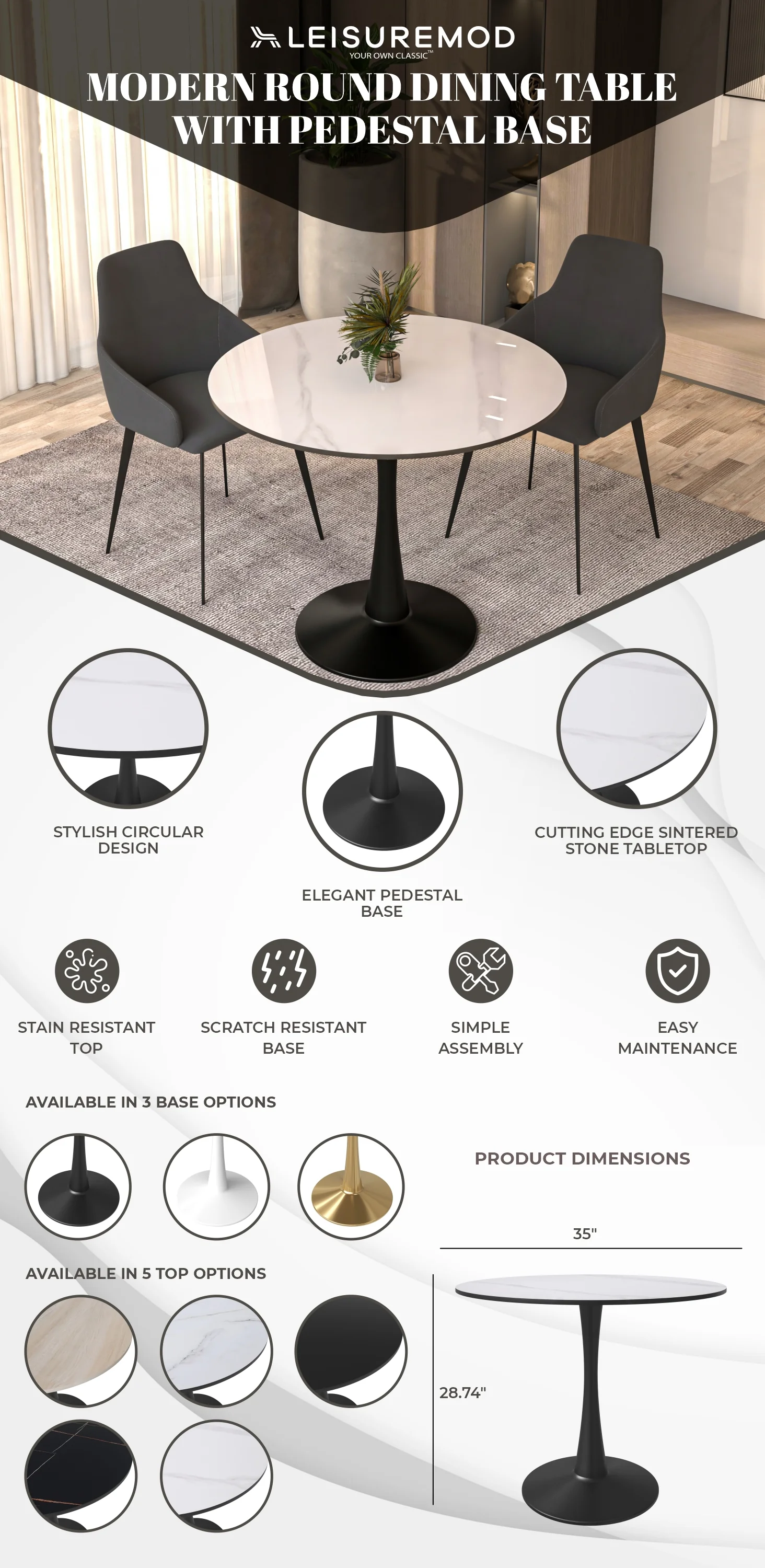 Bristol 35" round dining table Black base with White Sintered stone Top