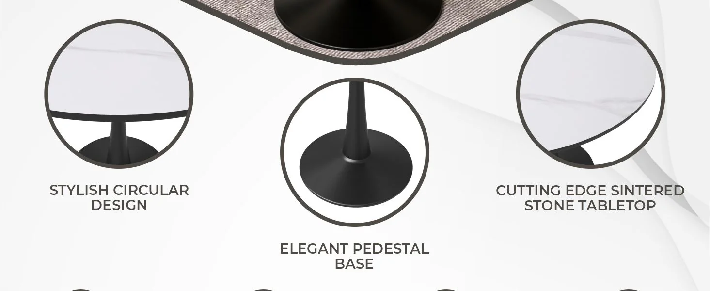 Bristol 35" round dining table Black base with White Sintered stone Top