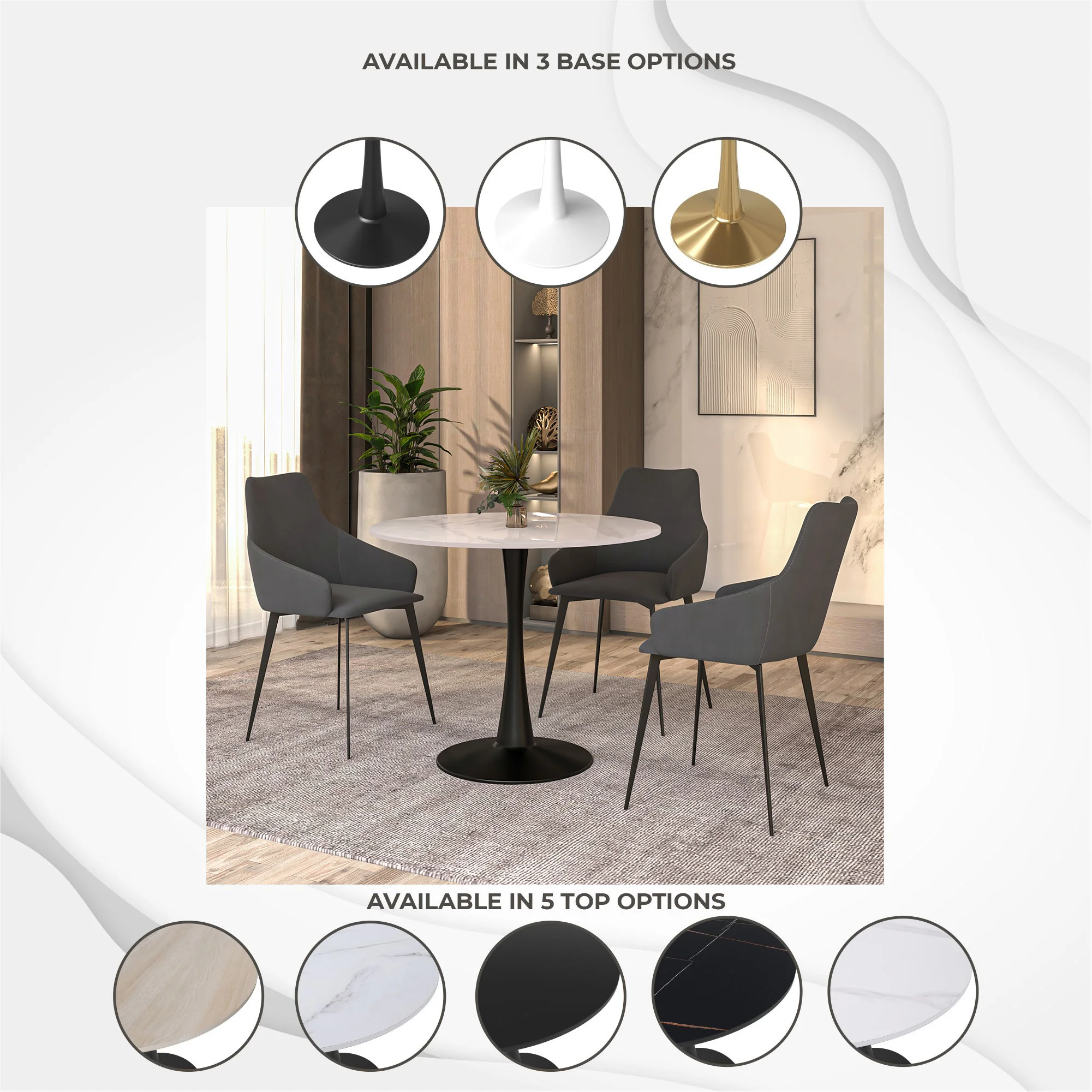 Bristol 35" round dining table Black base with White Sintered stone Top