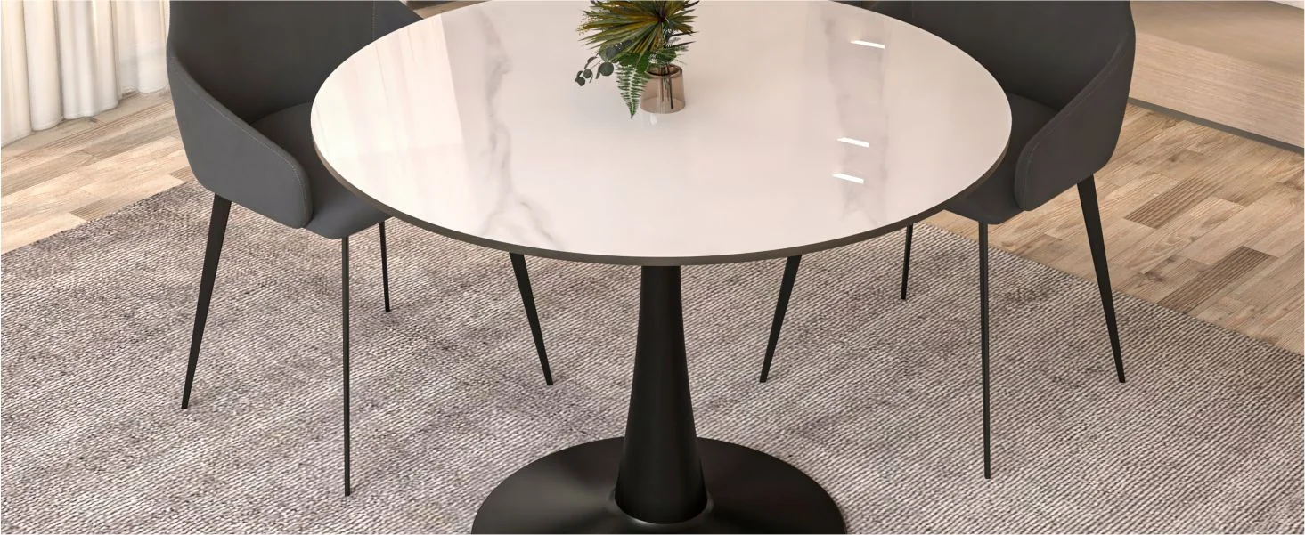 Bristol 40" round dining table Black base with White Sintered stone Top