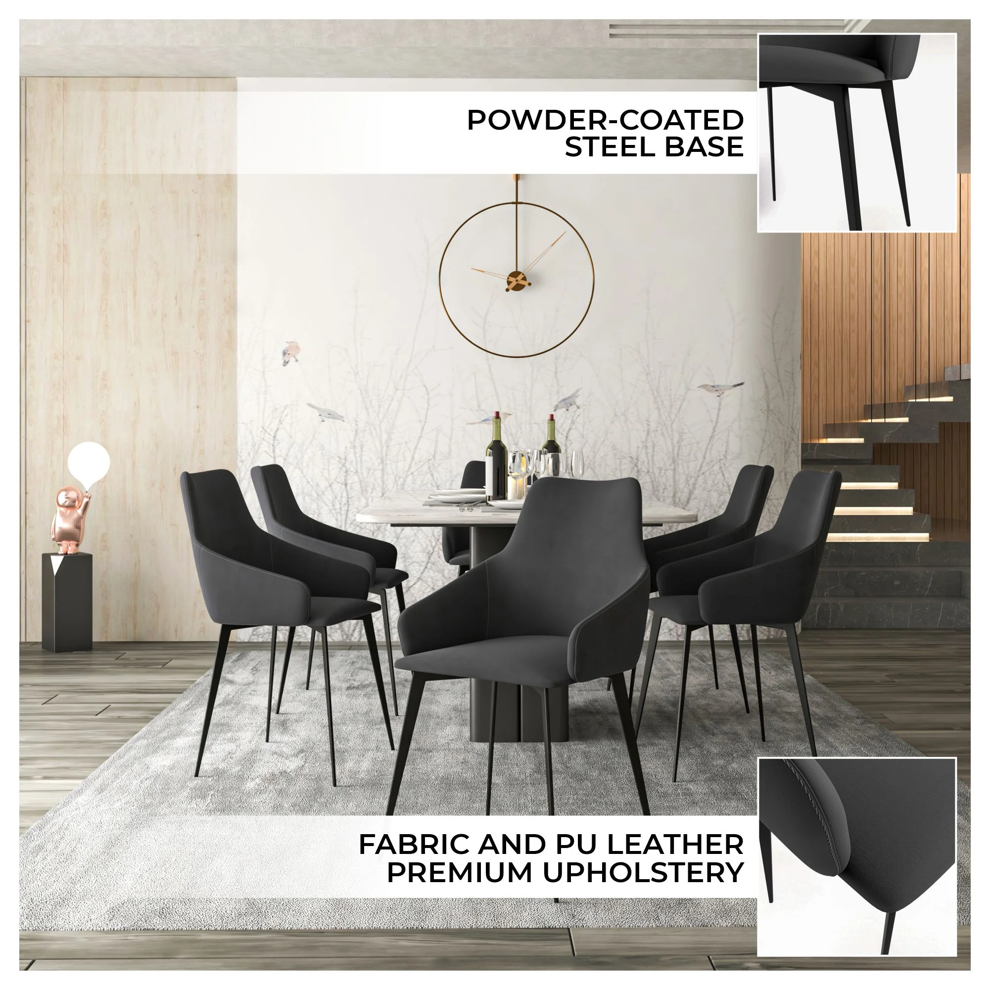 Bristol 4-Piece Dining Set with 35" Round Dining Table and 3 Fabric Dining Chairs in Charcoal