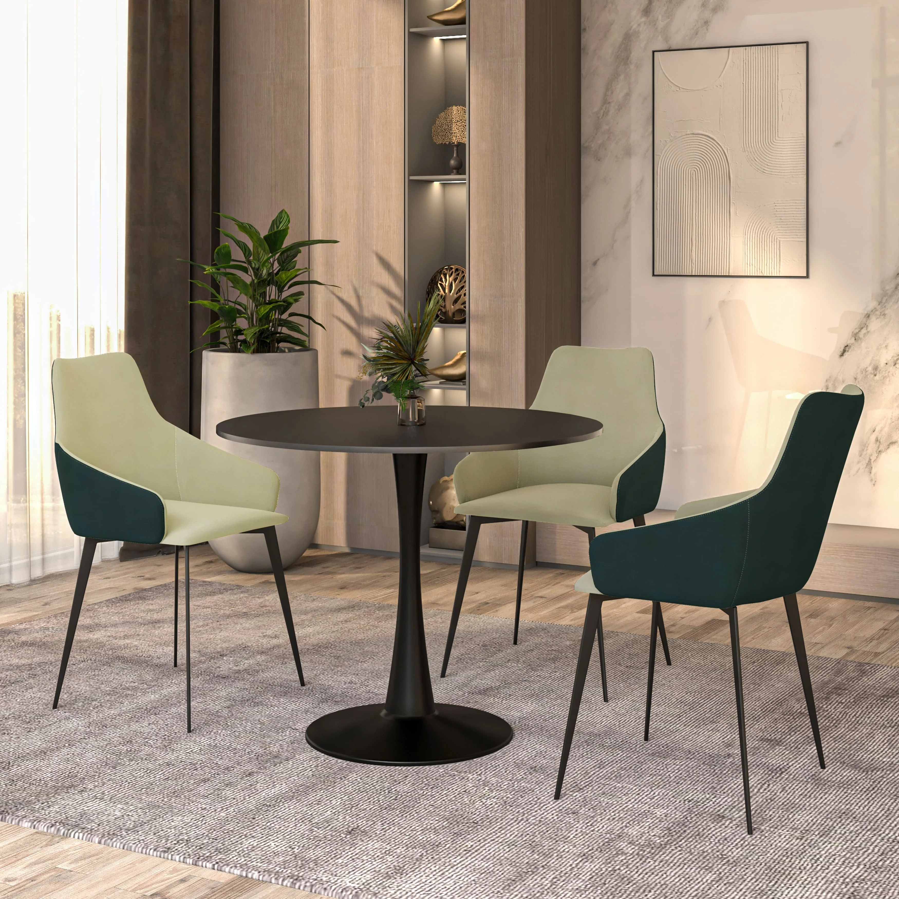 Bristol 4-Piece Dining Set with 35" Round Dining Table and 3 PU Leather Dining Chairs in Cream Green