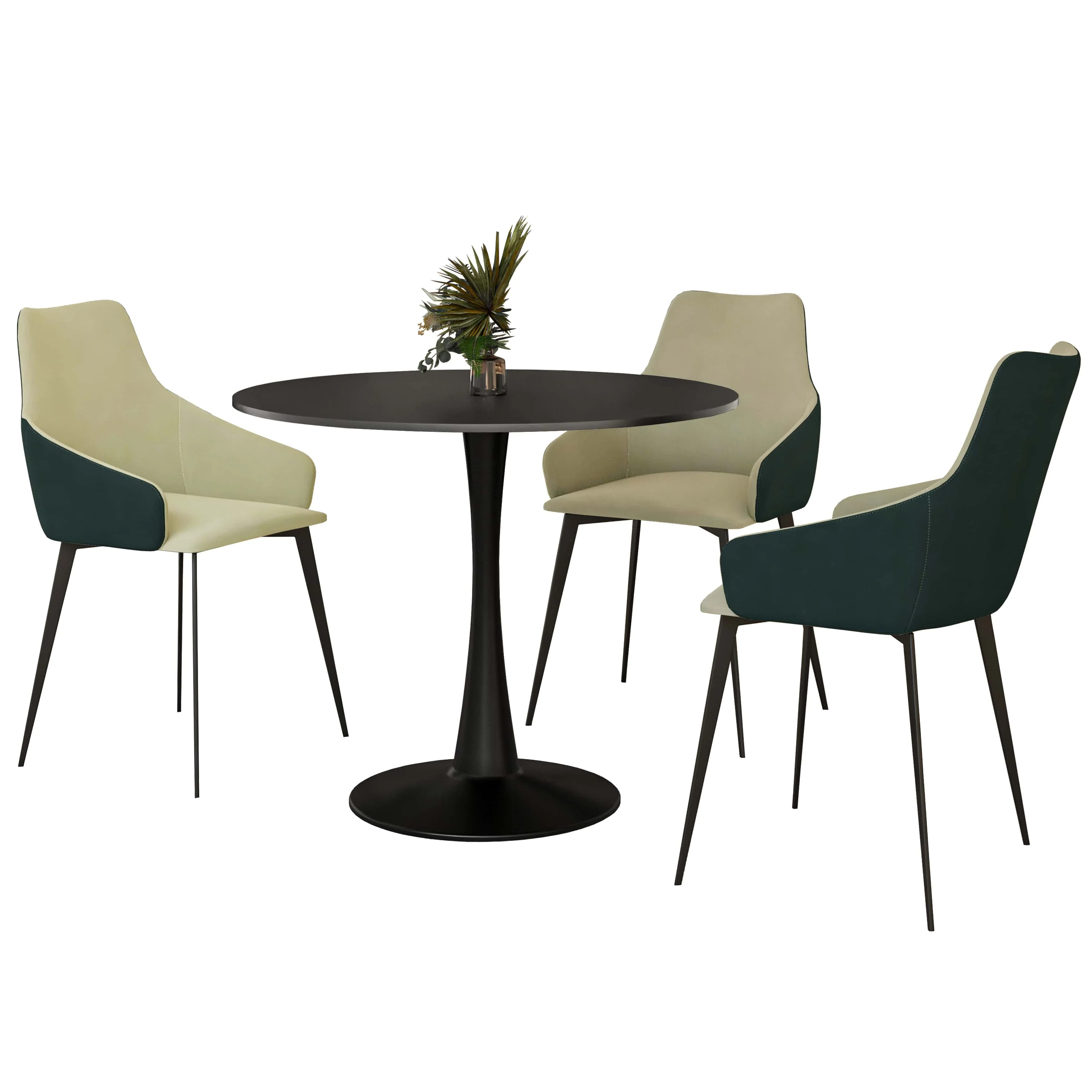 Bristol 4-Piece Dining Set with 35" Round Dining Table and 3 PU Leather Dining Chairs in Cream Green