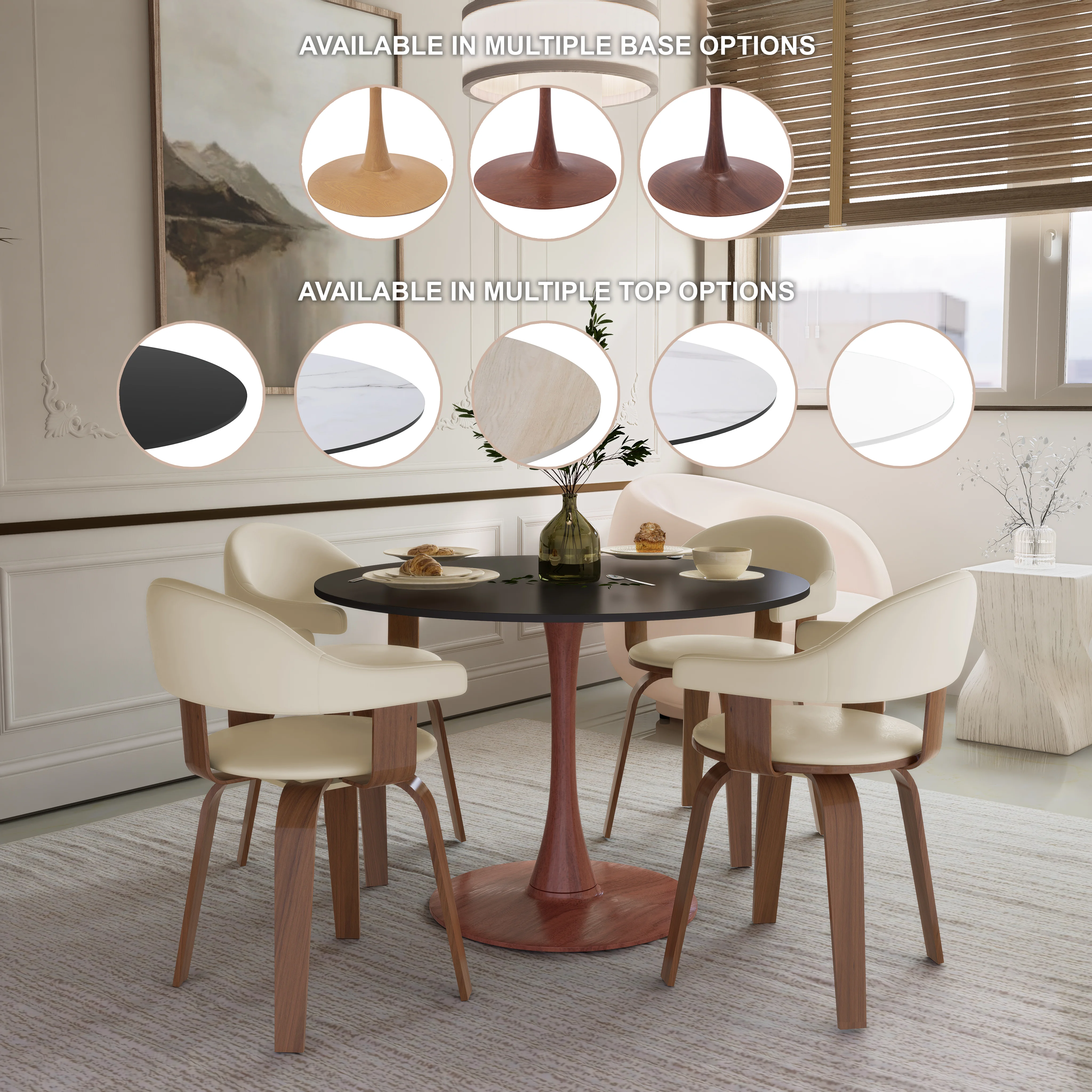 Bristol 35" Round Dining Table Wood Transfer Cherry Base with MDF Black Top