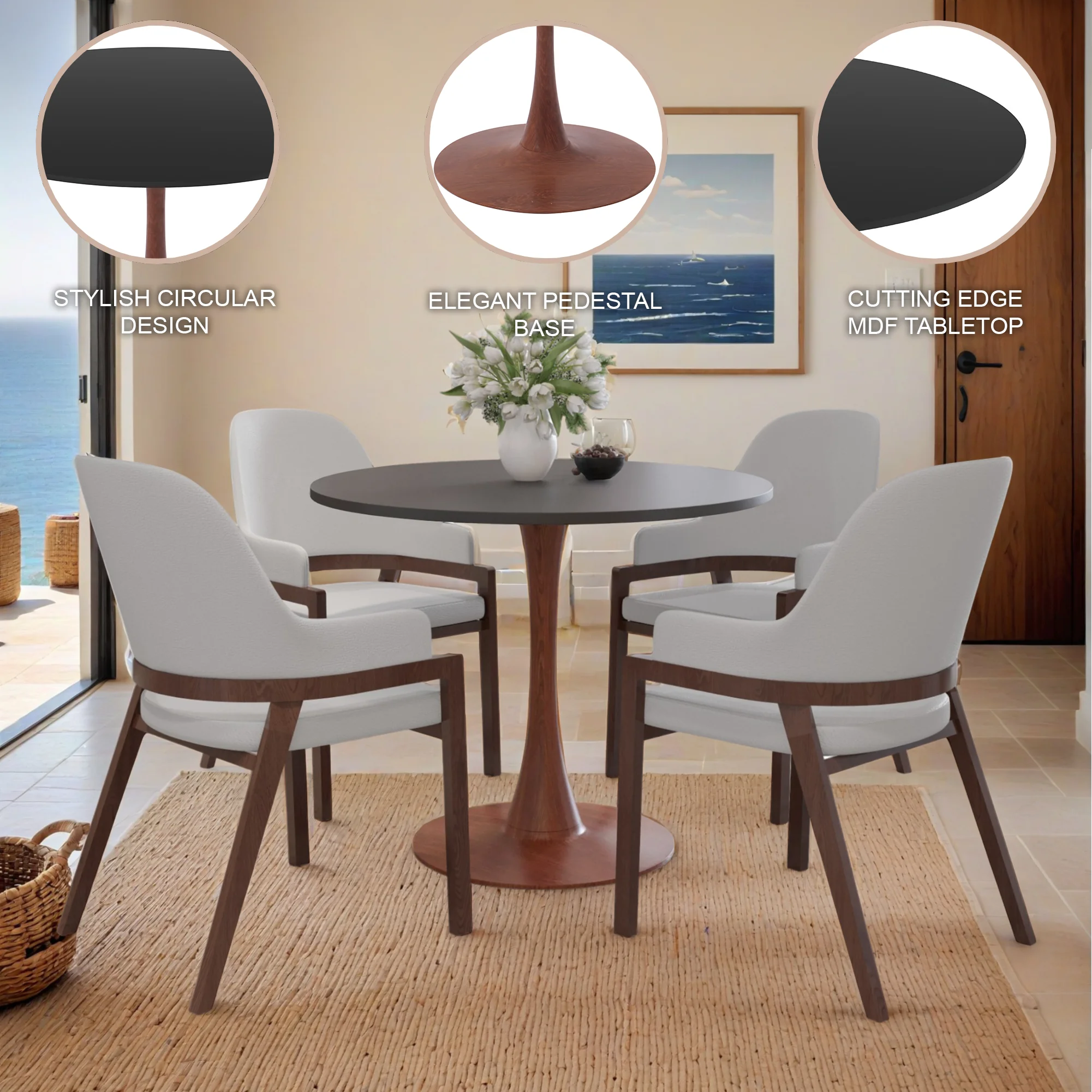 Bristol 35" Round Dining Table Wood Transfer Cherry Base with MDF Black Top