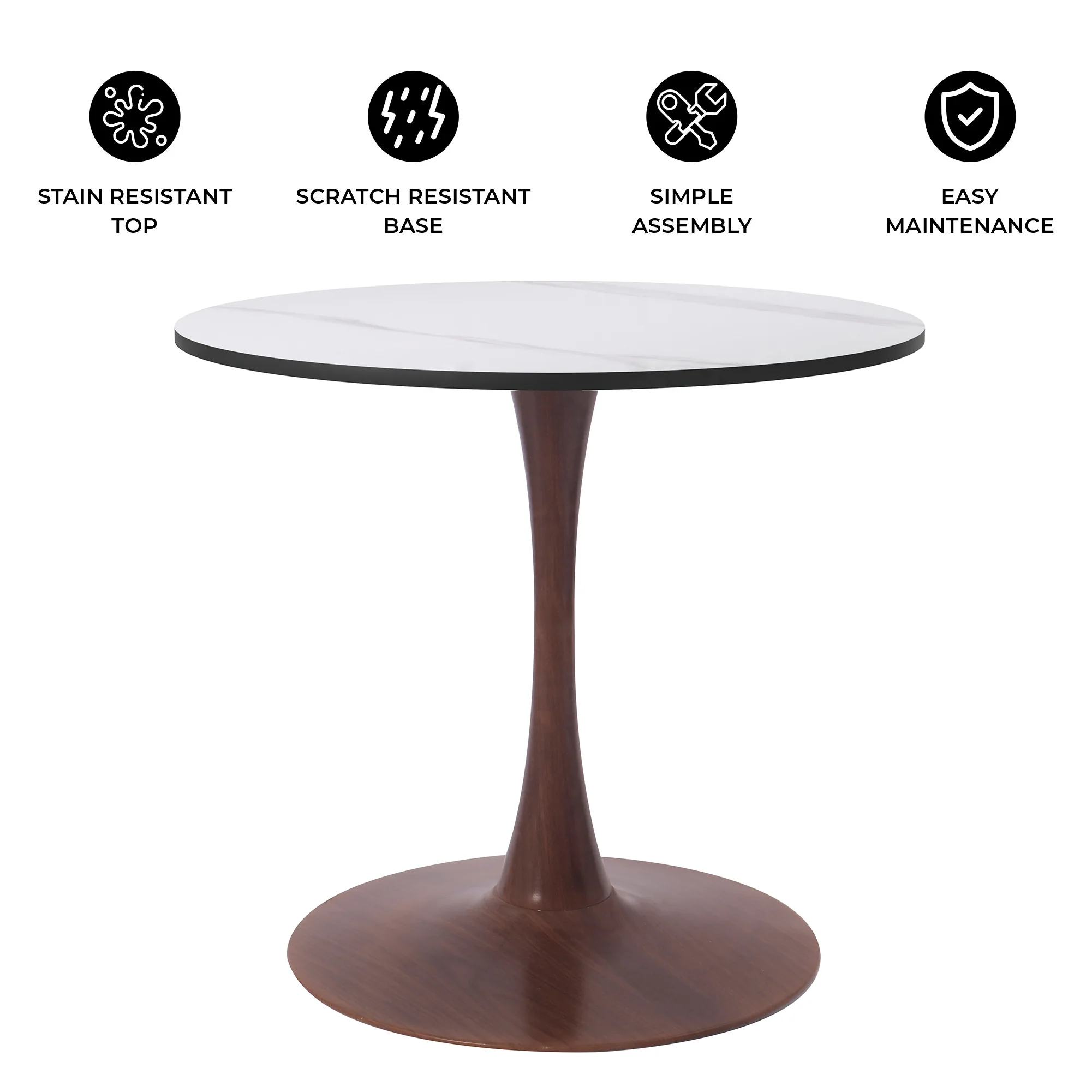 Bristol 35" Round Dining Table Wood Transfer Cherry Base with MDF Marbled White Top