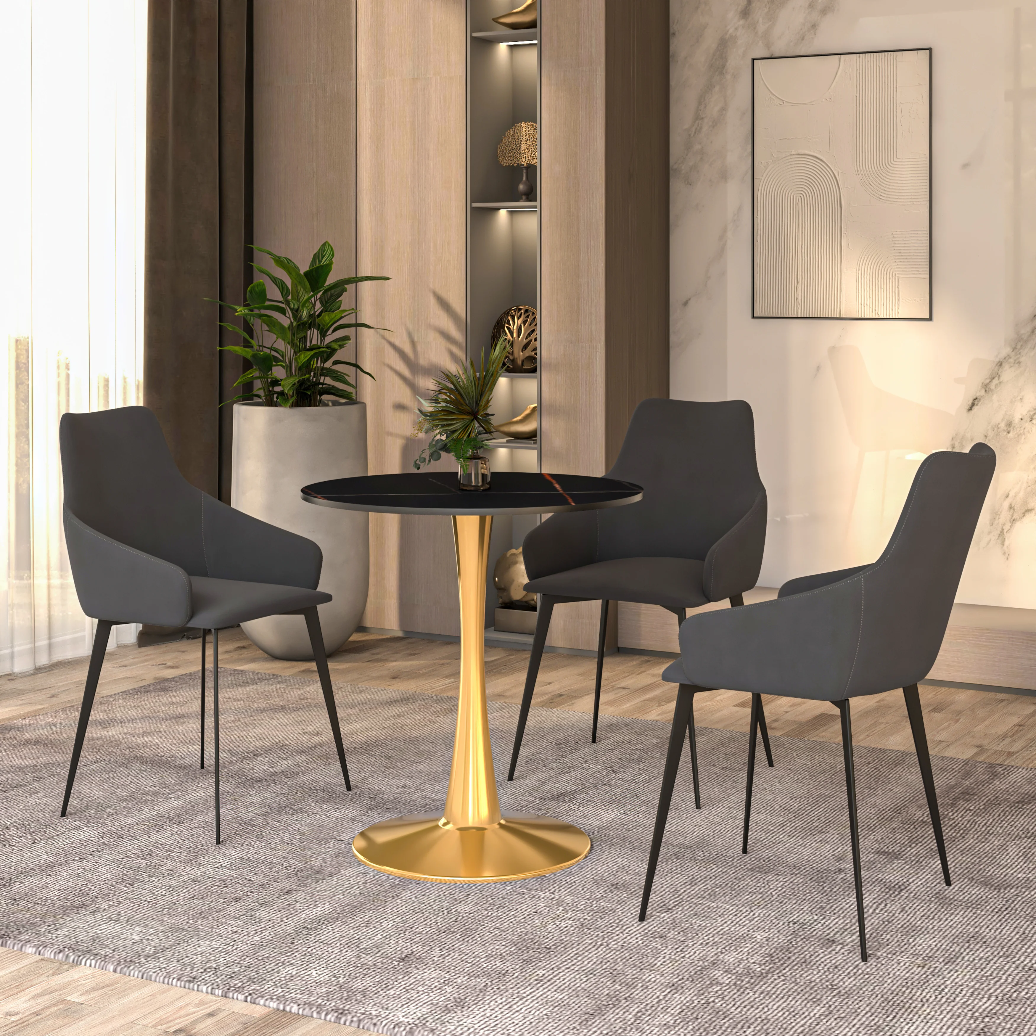 Bristol 24 round dining table Gold base with Black Sintered stone Top