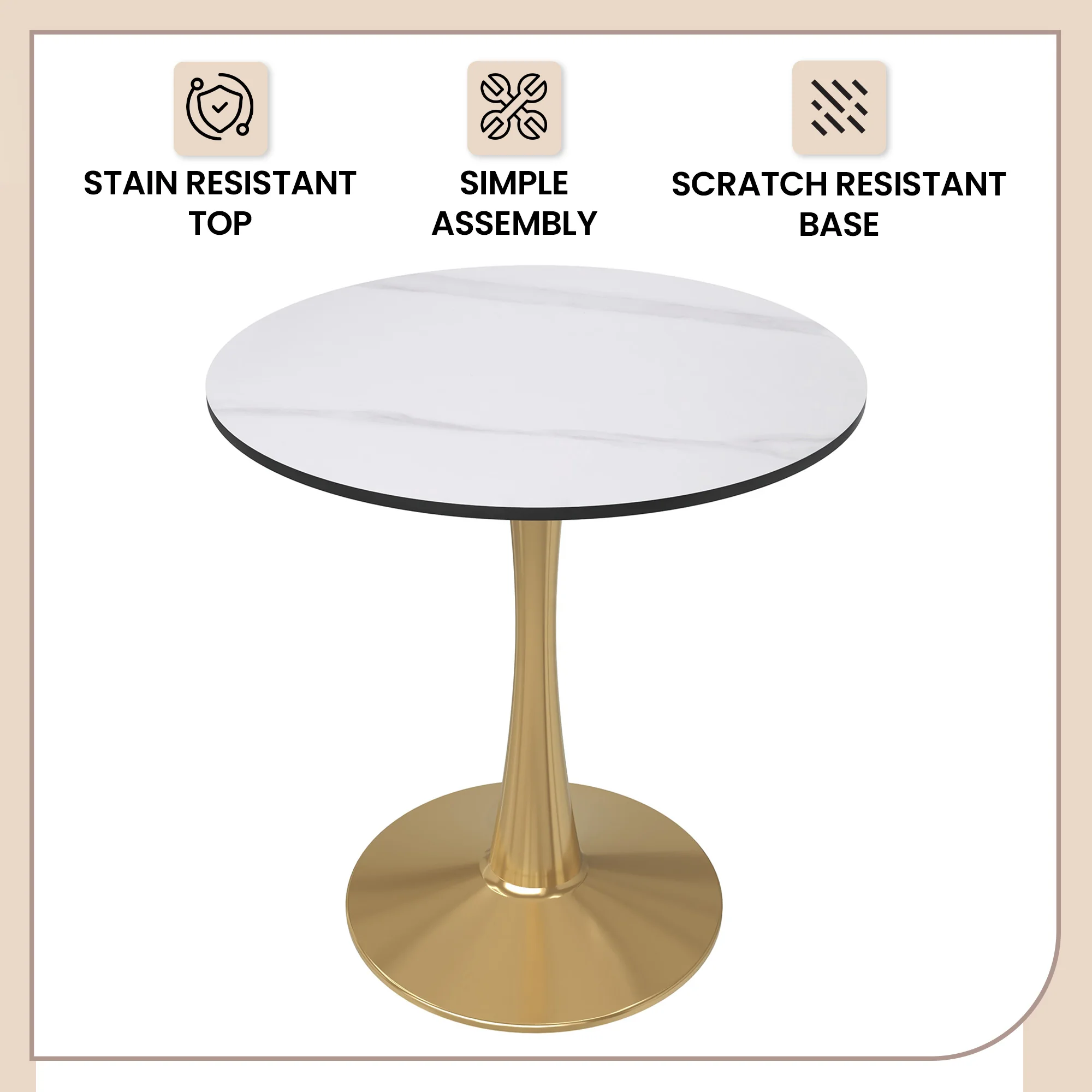 Bristol 24 round dining table Gold base with White Sintered stone Top