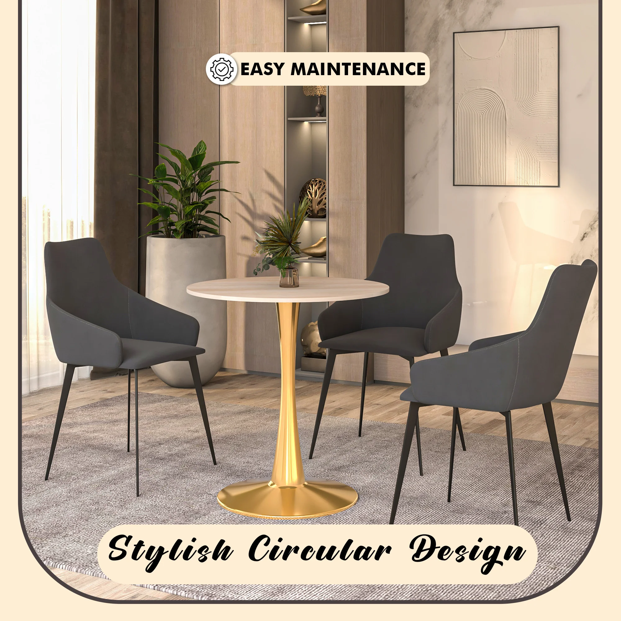 Bristol 27" round dining table Gold base with marbled MDF top