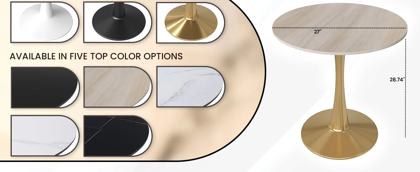 Bristol 27" round dining table Gold base with marbled MDF top