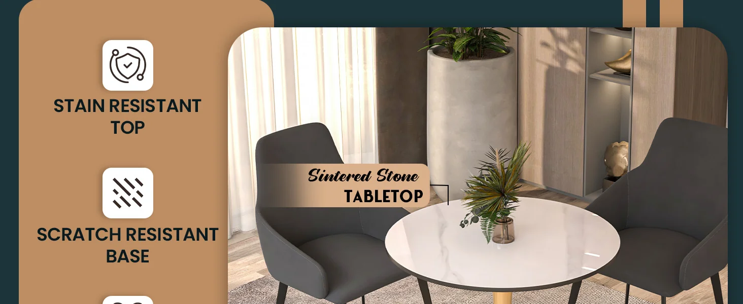 Bristol 27 round dining table Gold base with White Sintered stone Top