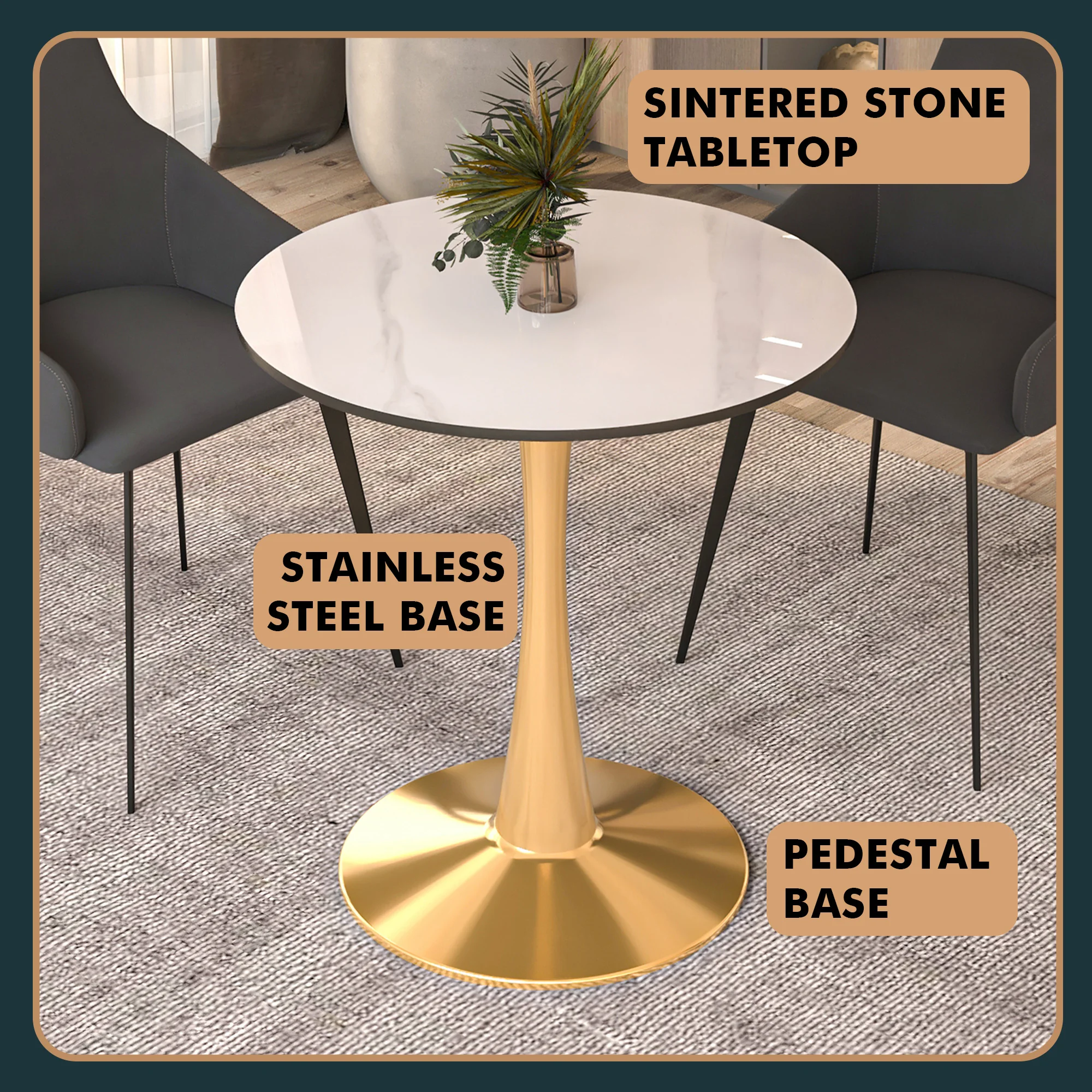 Bristol 27 round dining table Gold base with White Sintered stone Top