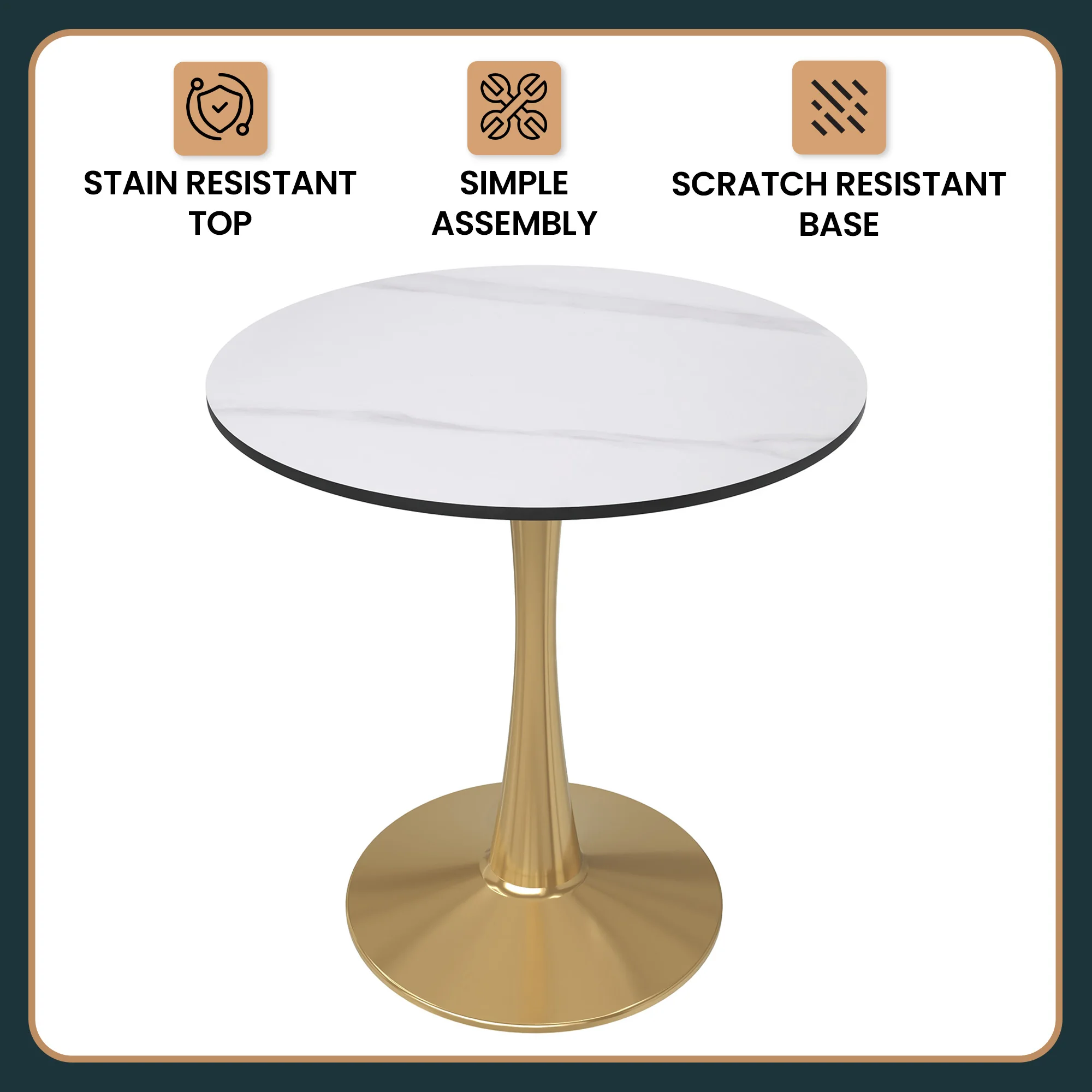 Bristol 27 round dining table Gold base with White Sintered stone Top