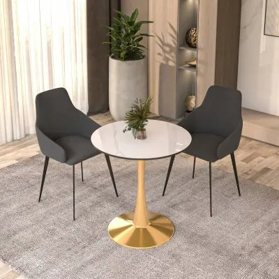 Bristol 27 round dining table Gold base with White Sintered stone Top