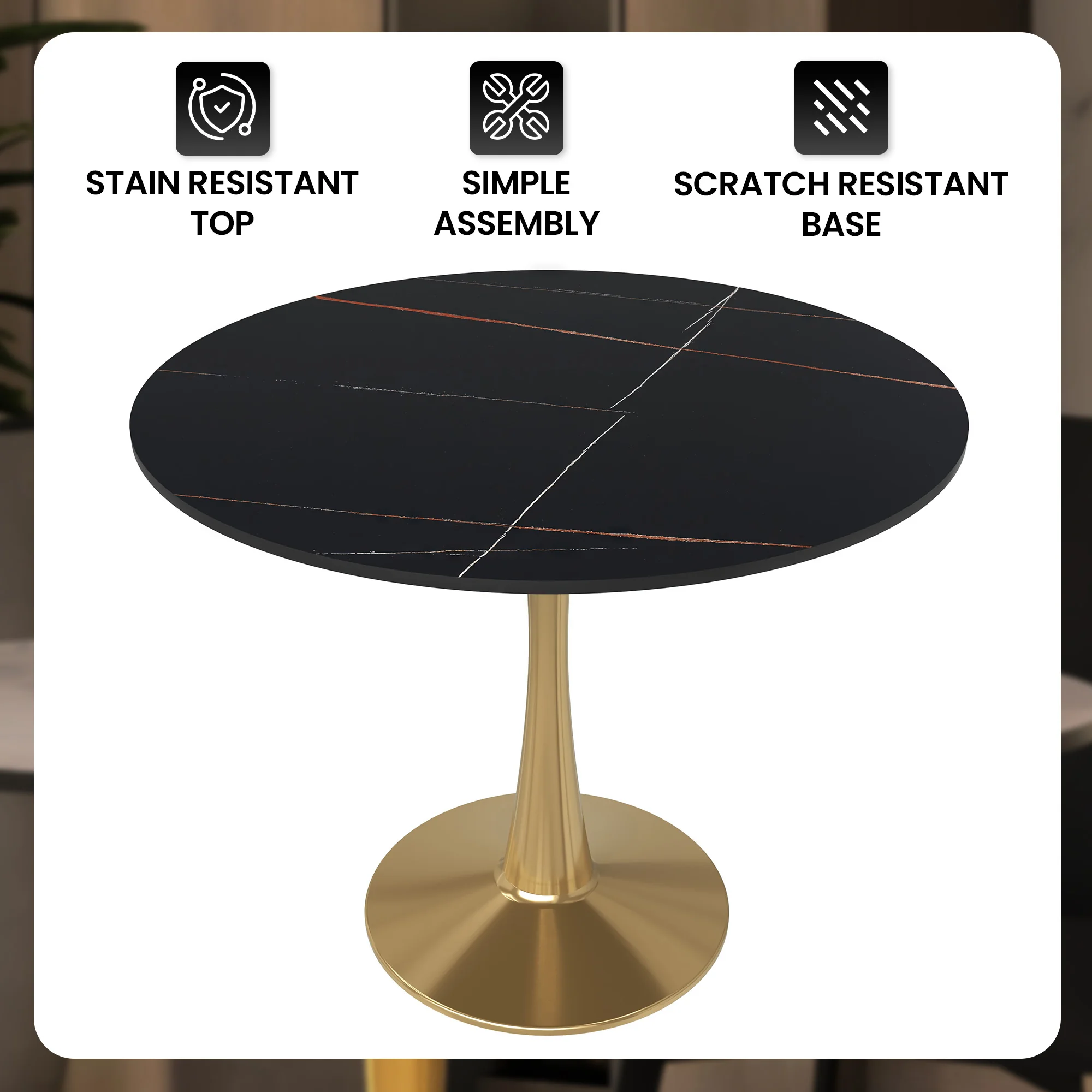 Bristol 31" round dining table Gold base with Black Sintered stone Top