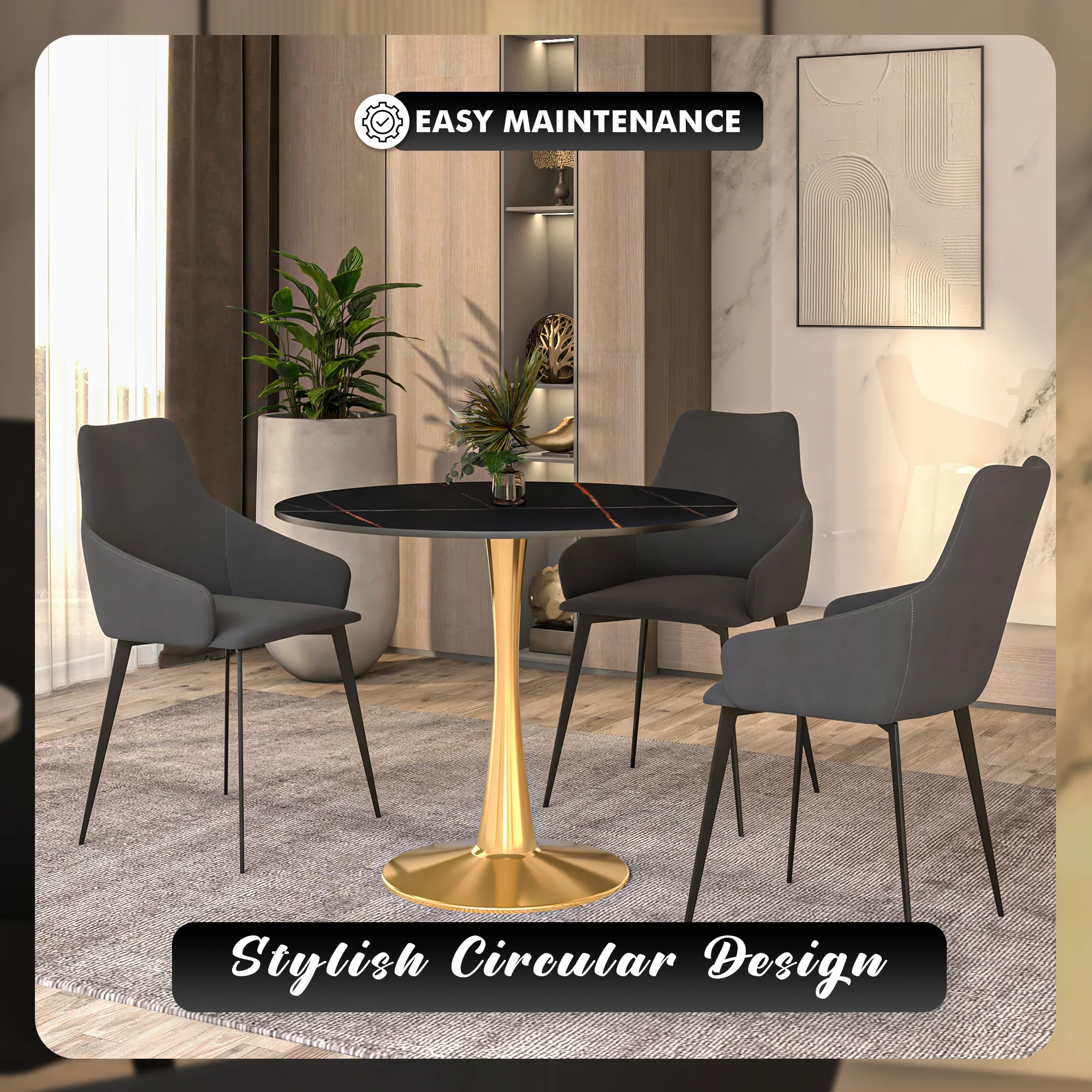 Bristol 31" round dining table Gold base with Black Sintered stone Top