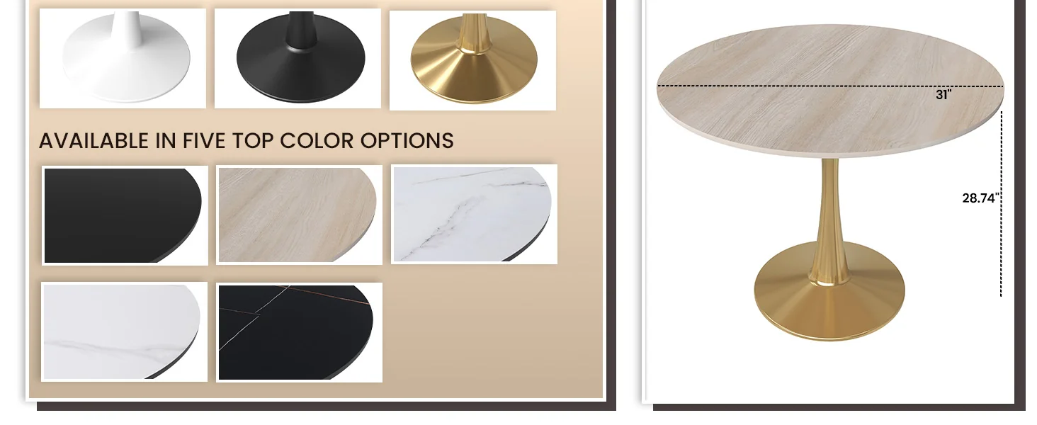 Bristol 31" round dining table Gold base with marbled MDF top