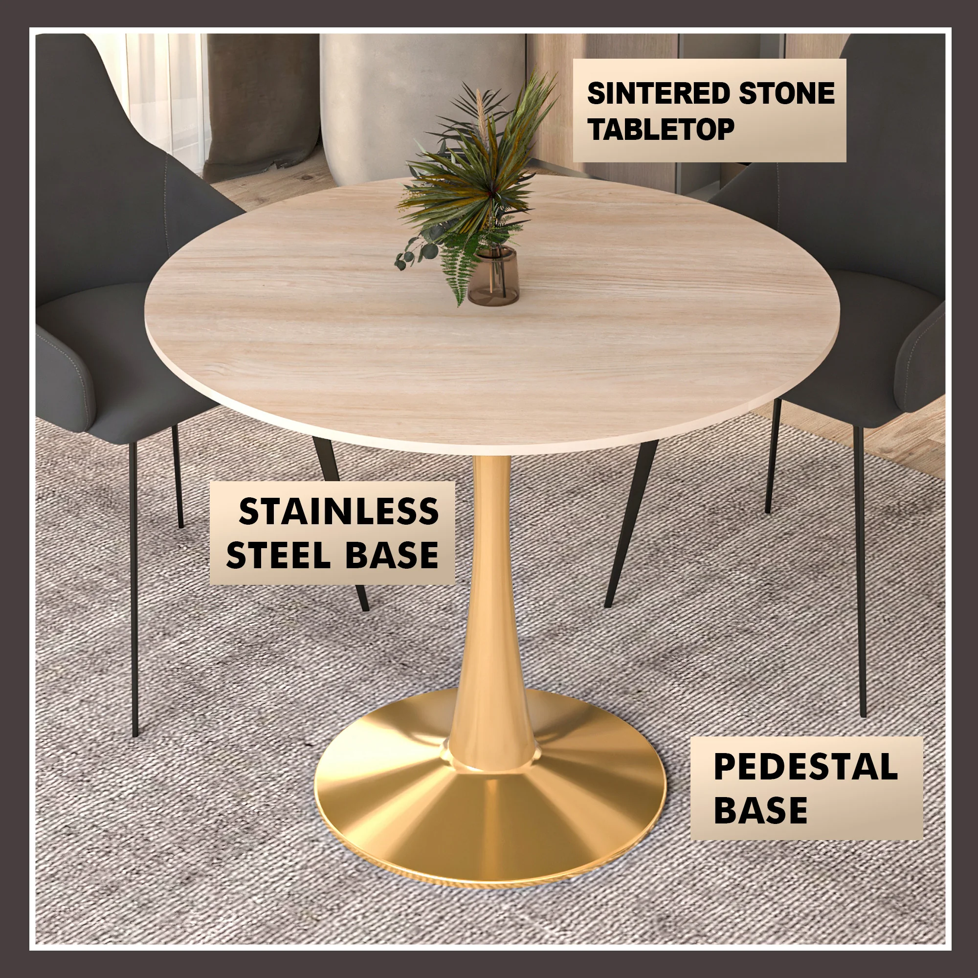 Bristol 31" Round Dining Table Gold Base with Sintered Stone Natural Wood Top