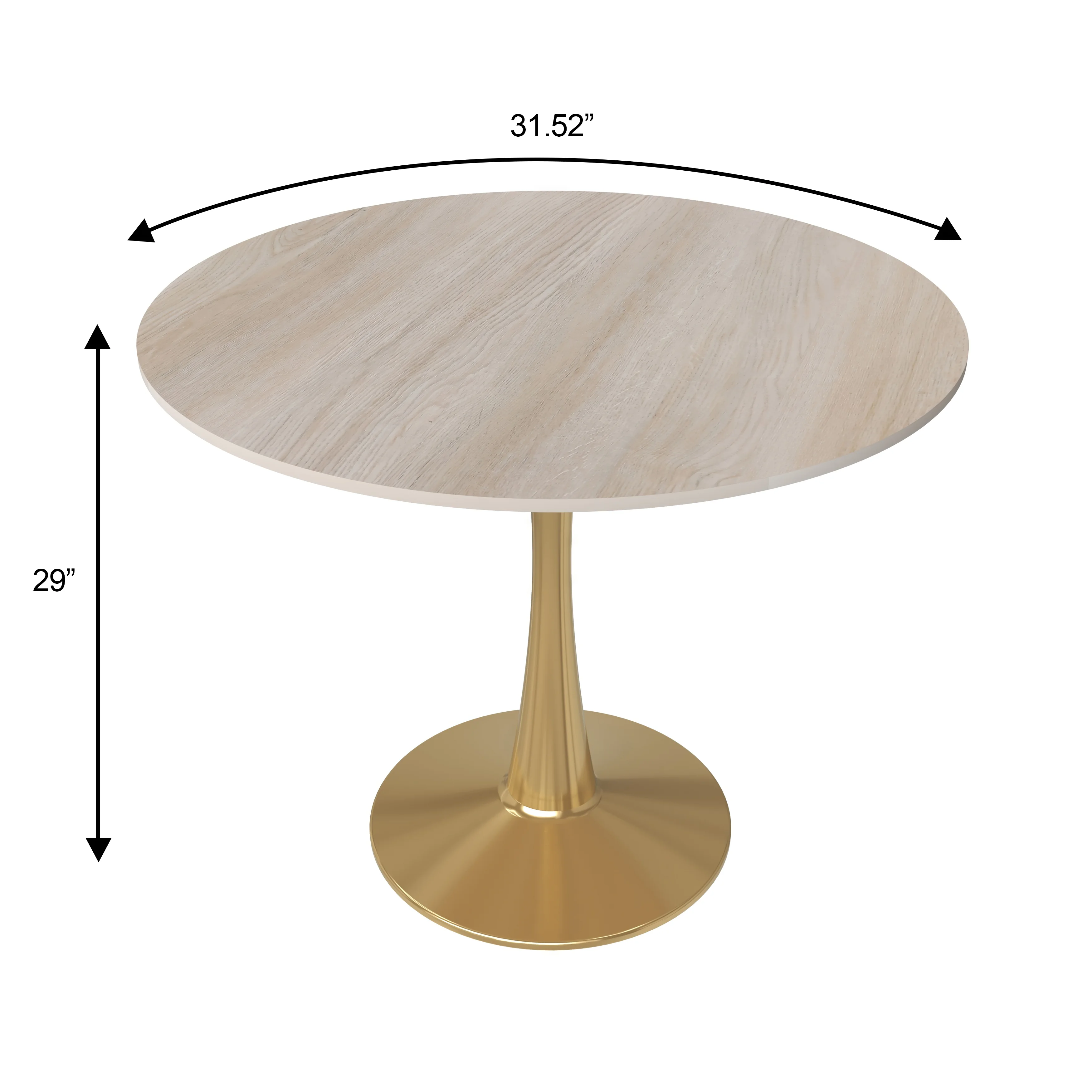 Bristol 31" Round Dining Table Gold Base with Sintered Stone Natural Wood Top