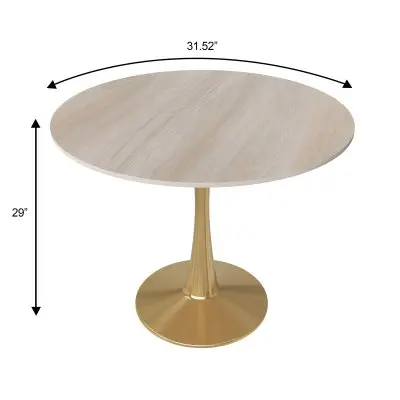 Bristol 31" Round Dining Table Gold Base with Sintered Stone Natural Wood Top