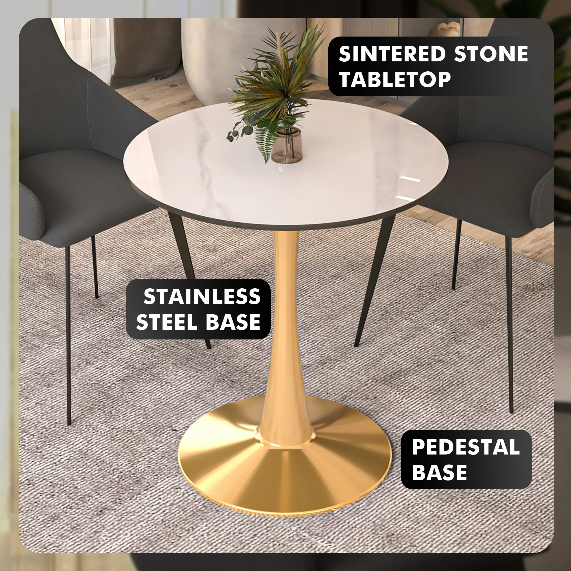 Bristol 31" round dining table Gold base with White Sintered stone Top